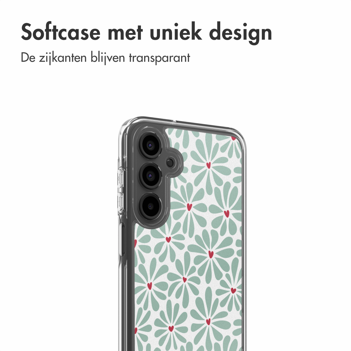 Une coque de téléphone avec un motif floral. Feuilles vertes et cœurs rouges sur fond blanc. La coque est transparente.