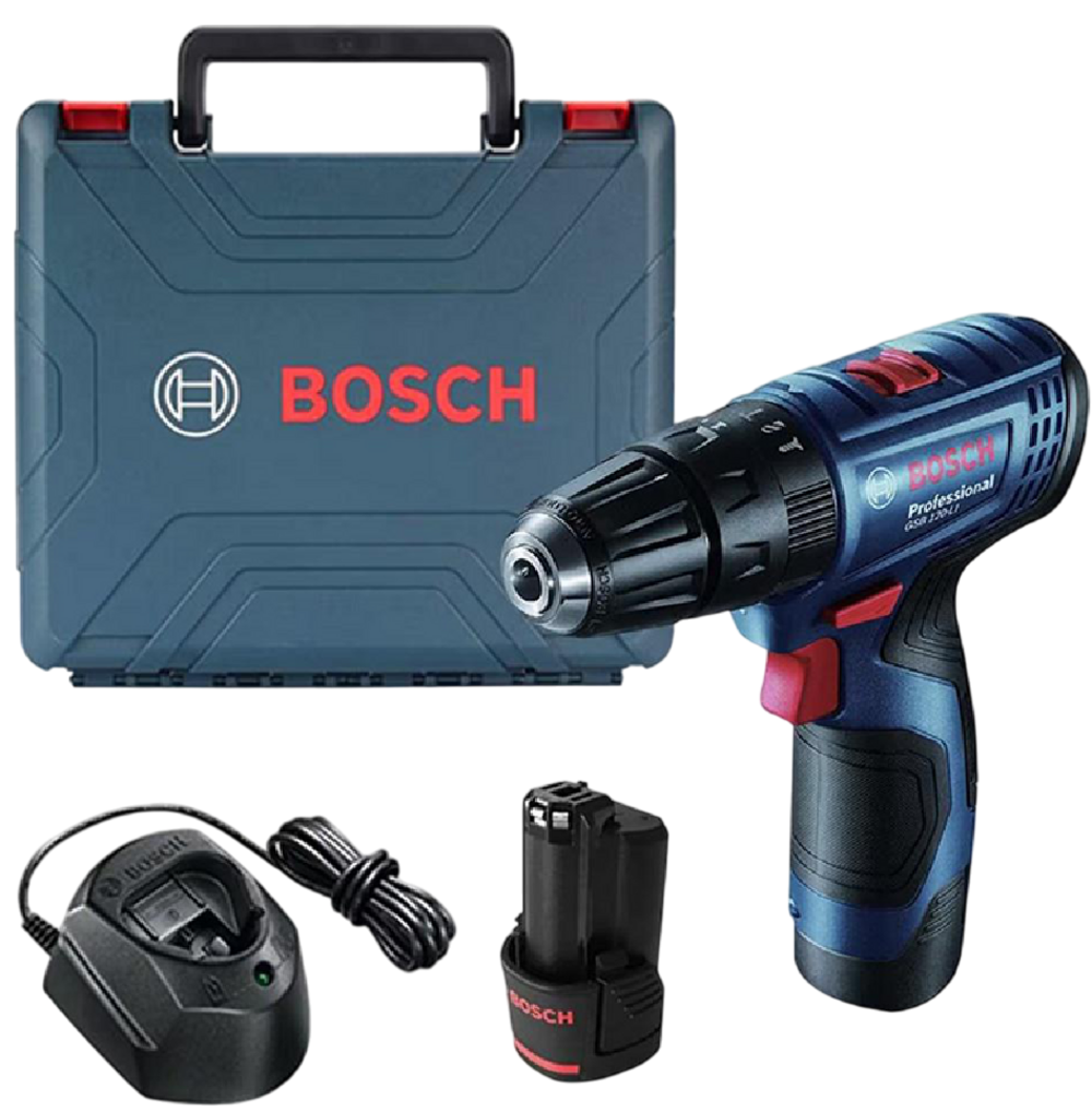 Bir Bosch kablosuz matkap seti. Mavi bir matkap, bir taşıma çantası, bir şarj cihazı, bir pil ve bir kablo içerir.