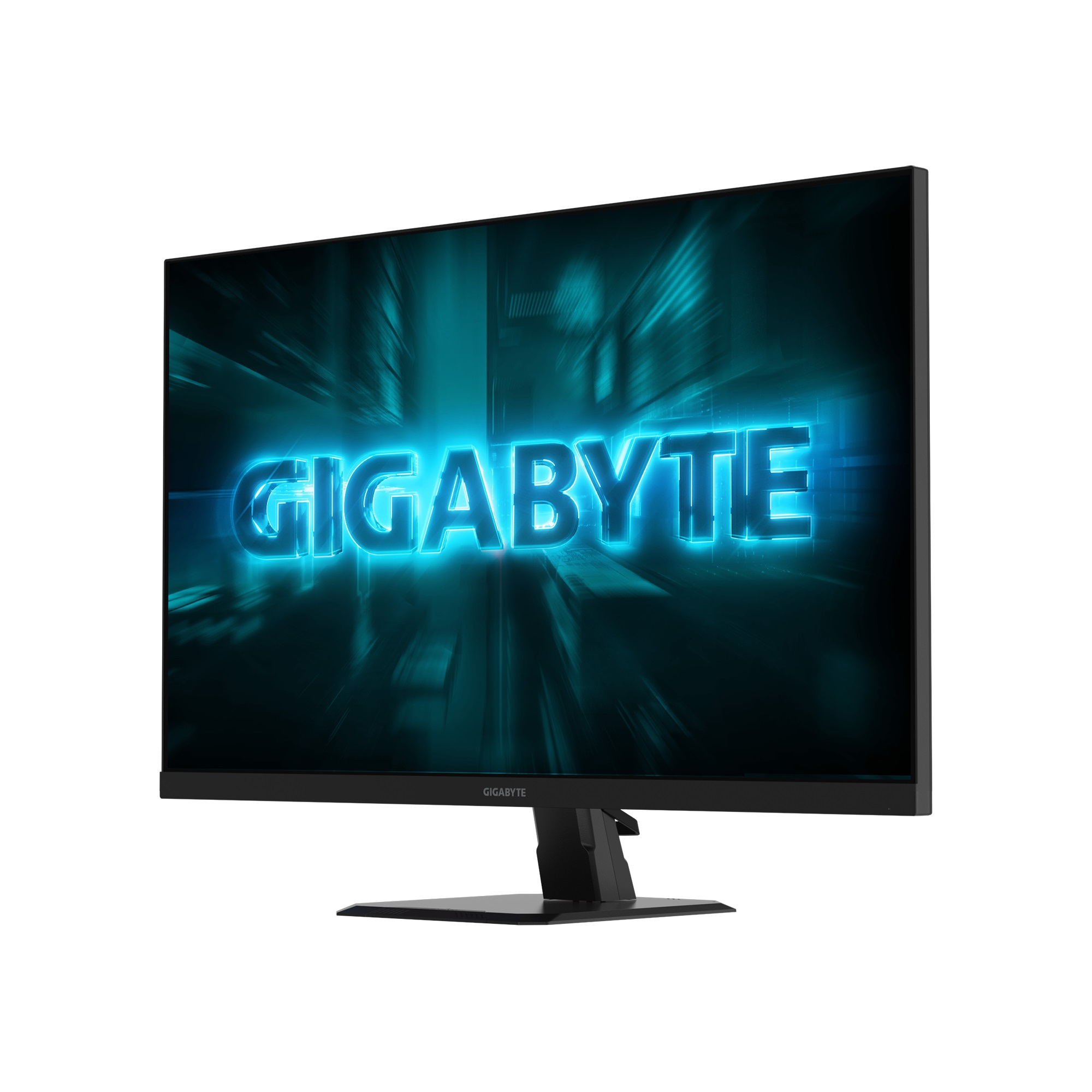 Monitor Gigabyte wyświetla niebieskie logo na ciemnym tle. Monitor stoi na czarnym stojaku na białym tle.