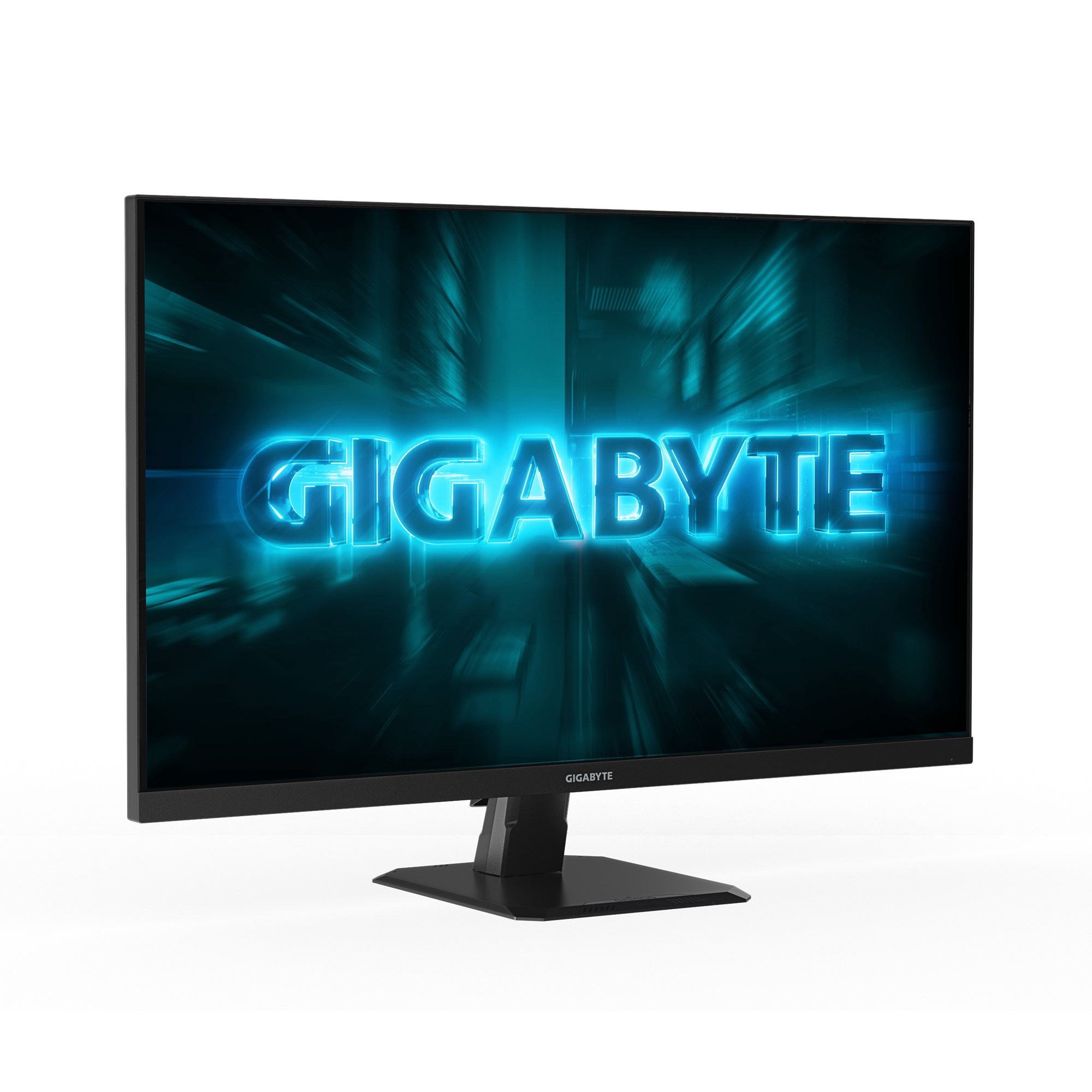Czarny monitor Gigabyte na białym tle. Ekran wyświetla słowo 'GIGABYTE' w jaskrawym niebieskim kolorze.