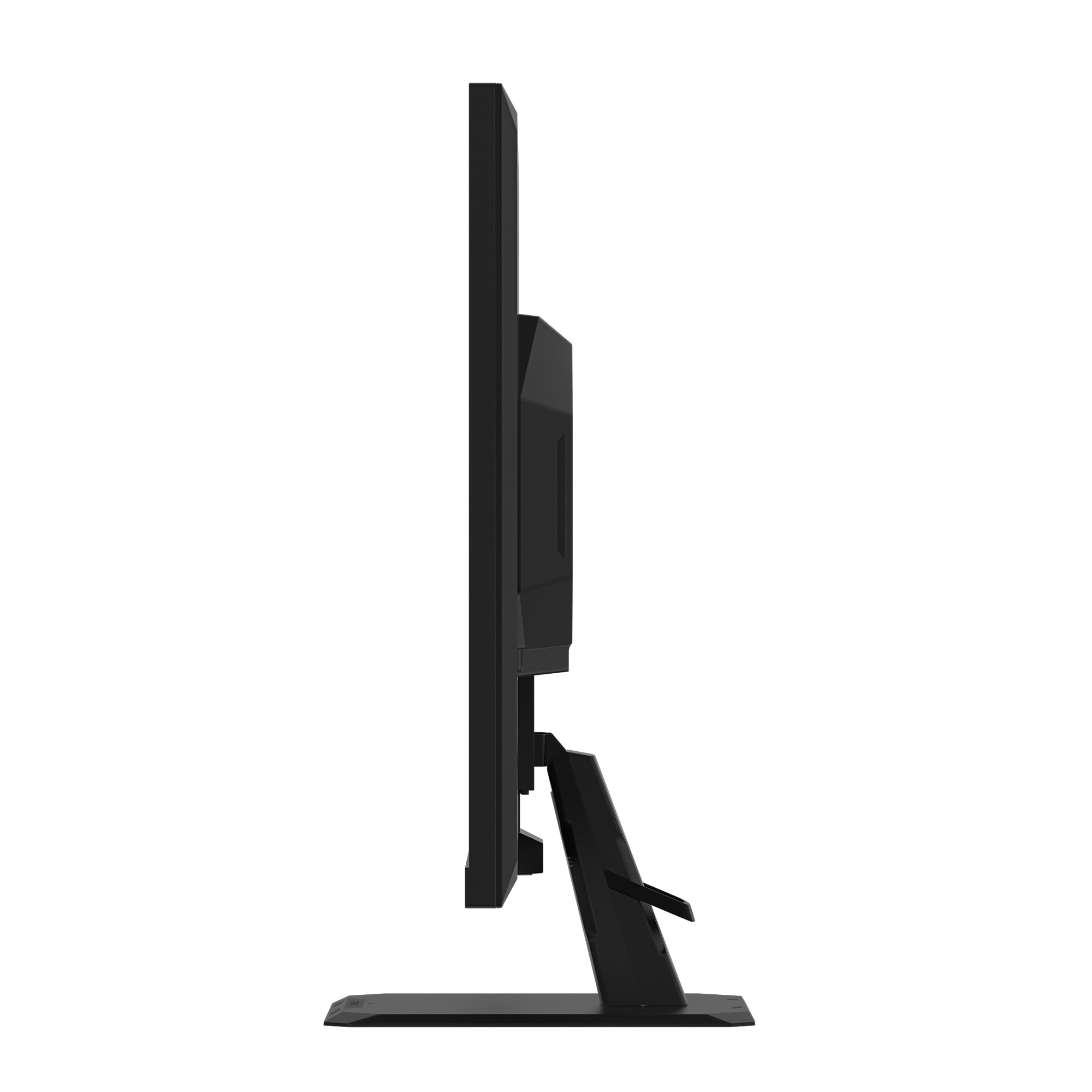 Widok z boku czarnego monitora komputera. Znajduje się na czarnym stojaku na białym tle.