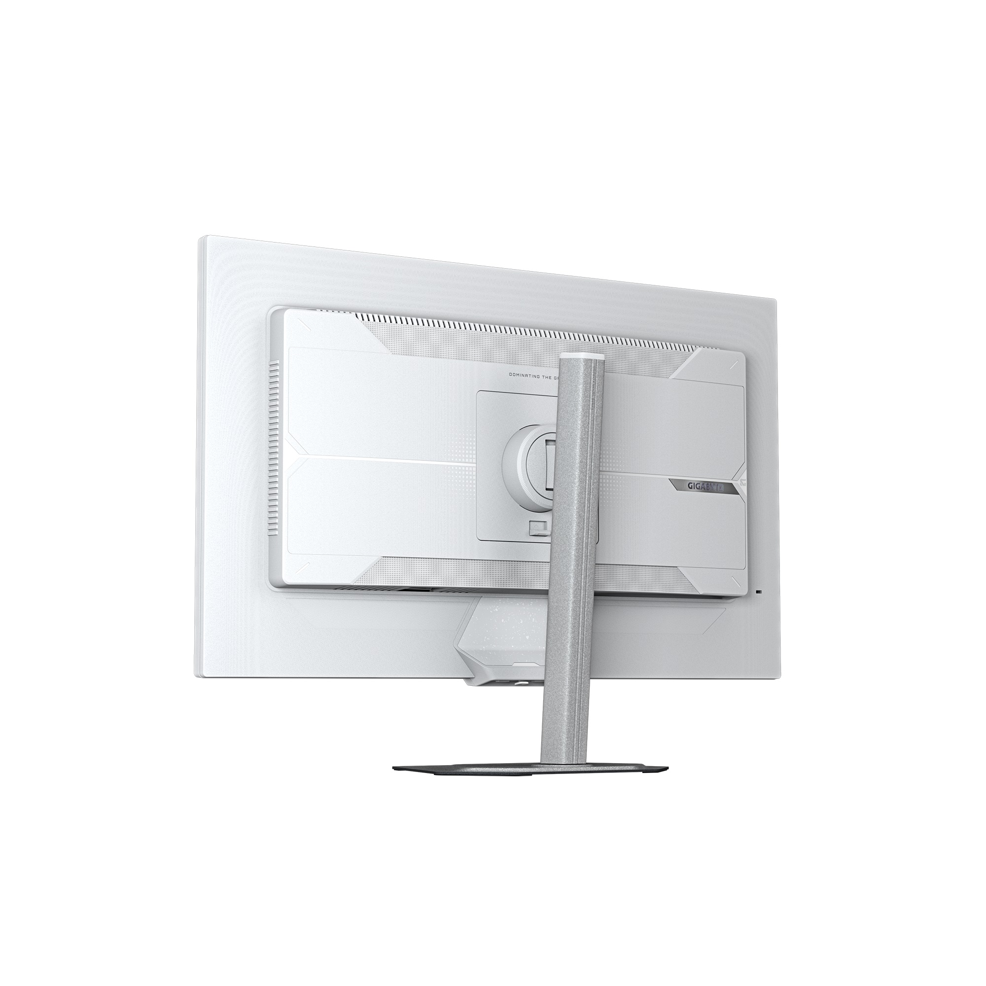 Widok z tyłu białego monitora komputerowego. Stojak jest srebrny i podtrzymuje ekran. Z tyłu napis GIGABYTE.