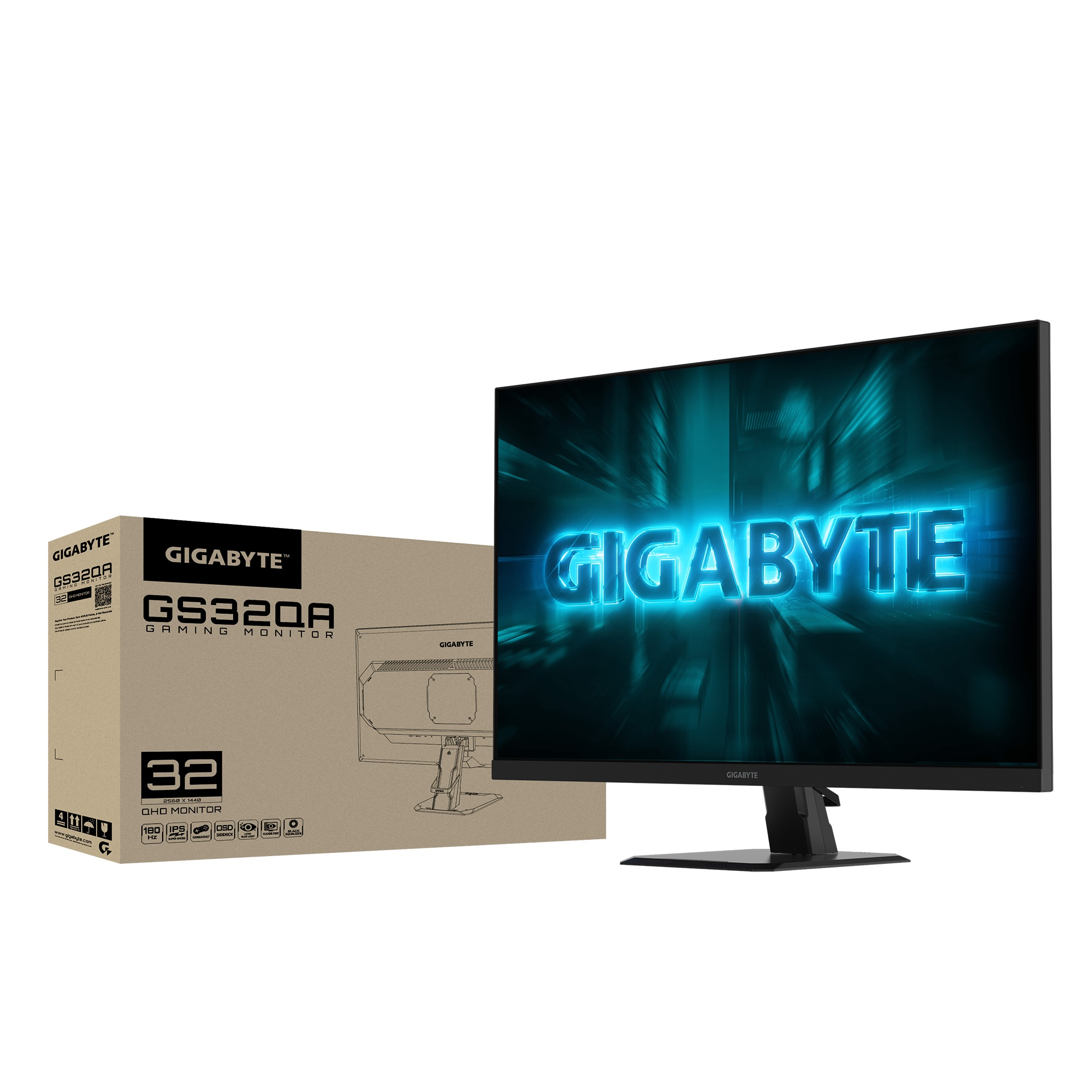 Un moniteur de jeu Gigabyte et sa boîte. Le moniteur affiche le logo Gigabyte. La boîte a des spécifications et une marque.