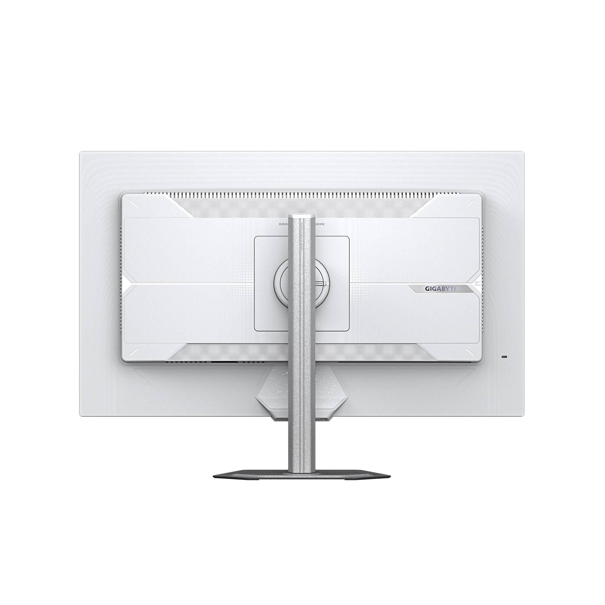 Widok z tyłu białego monitora komputera. Ma srebrną podstawkę, białą ramkę i widoczne logo Gigabyte.