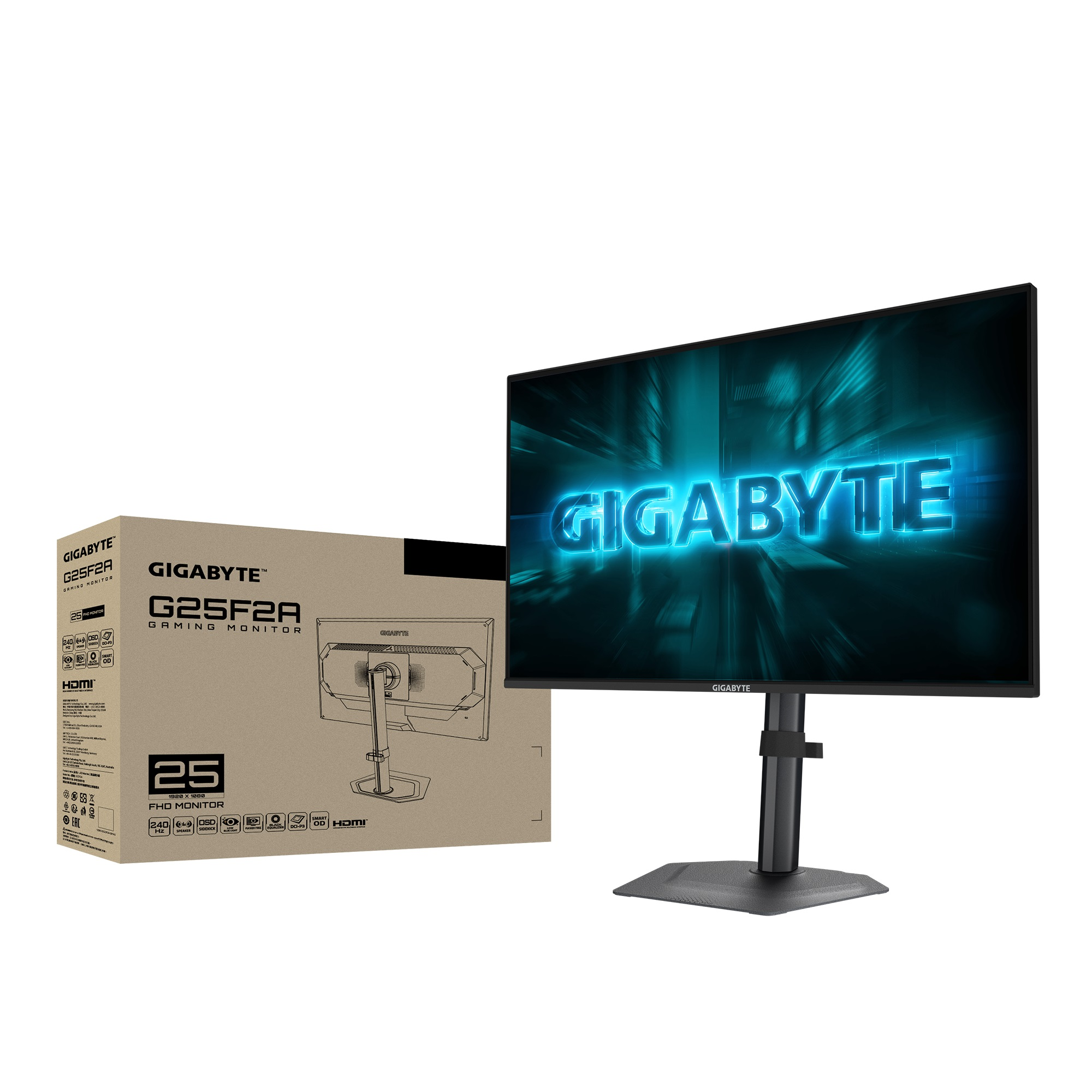 Monitor do gier Gigabyte G25F2A, z pudełkiem obok. Ekran wyświetla logo Gigabyte. Pudełko zawiera szczegóły produktu.