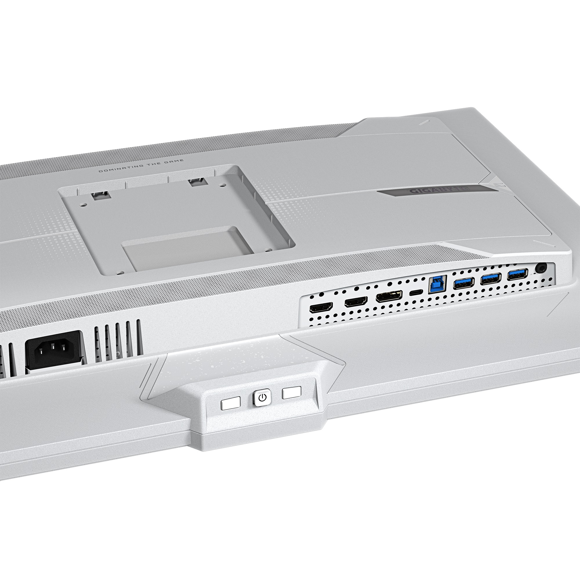 Tył jasno-szarego monitora komputerowego. Posiada różne porty, wentylację i przycisk zasilania.