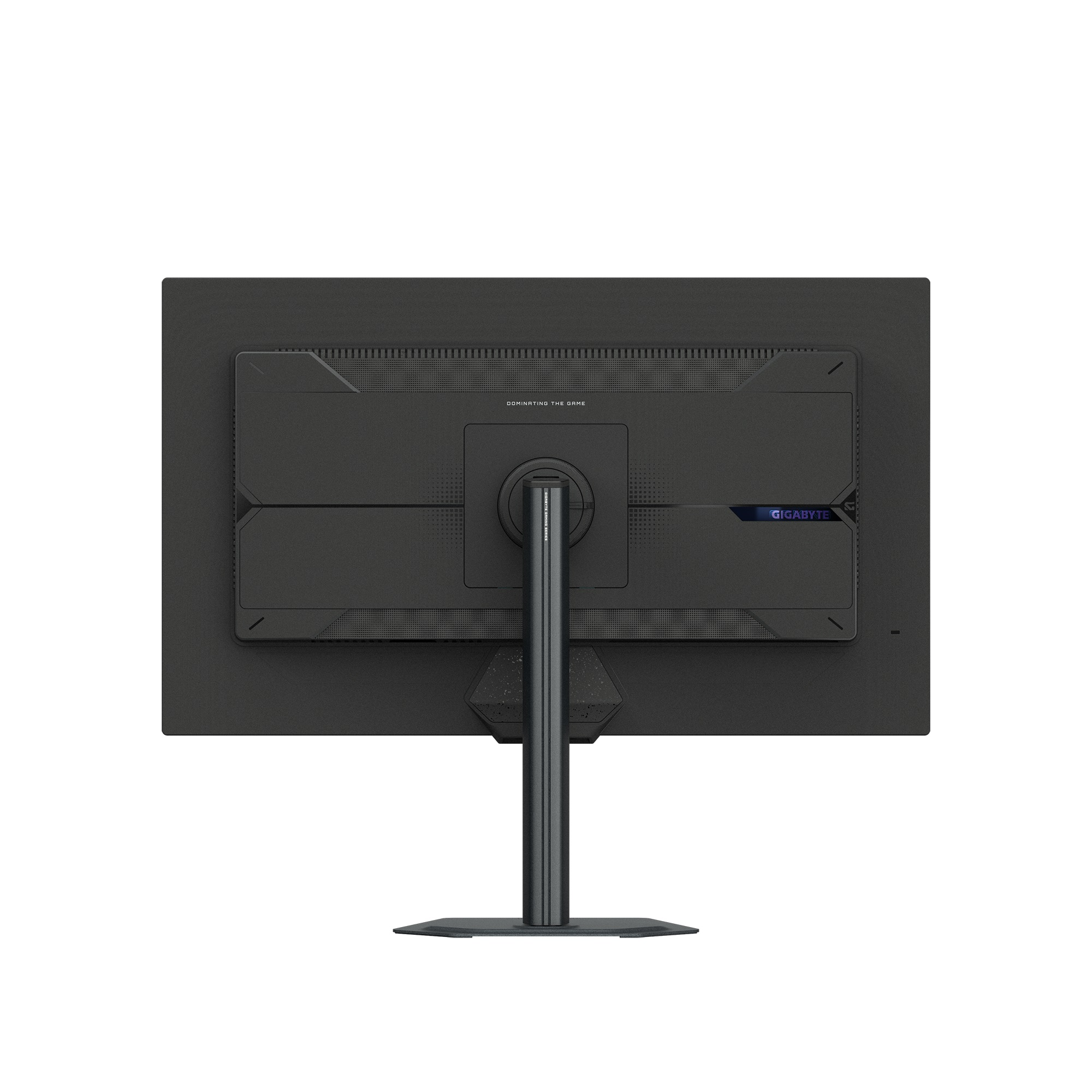 Achteraanzicht van een zwarte Gigabyte gaming monitor. De standaard en voet zijn zichtbaar. Tekst: DOMINATING THE GAME en GIGABYTE.
