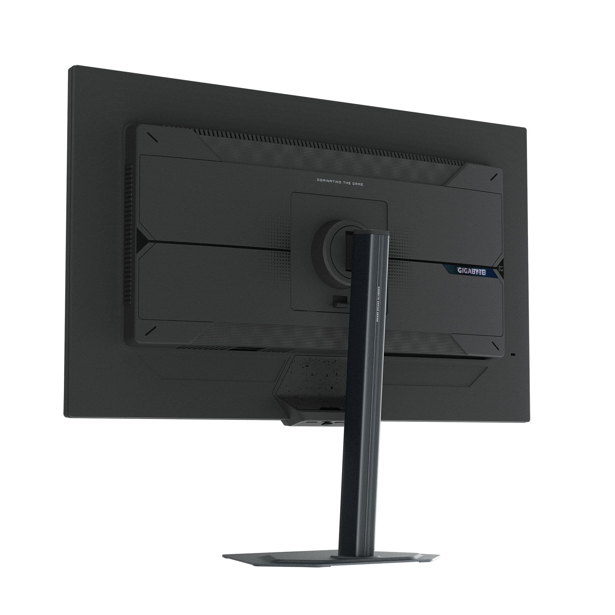 Achteraanzicht van een zwarte Gigabyte gaming monitor op een witte achtergrond. De monitor wordt ondersteund door een zwarte standaard.