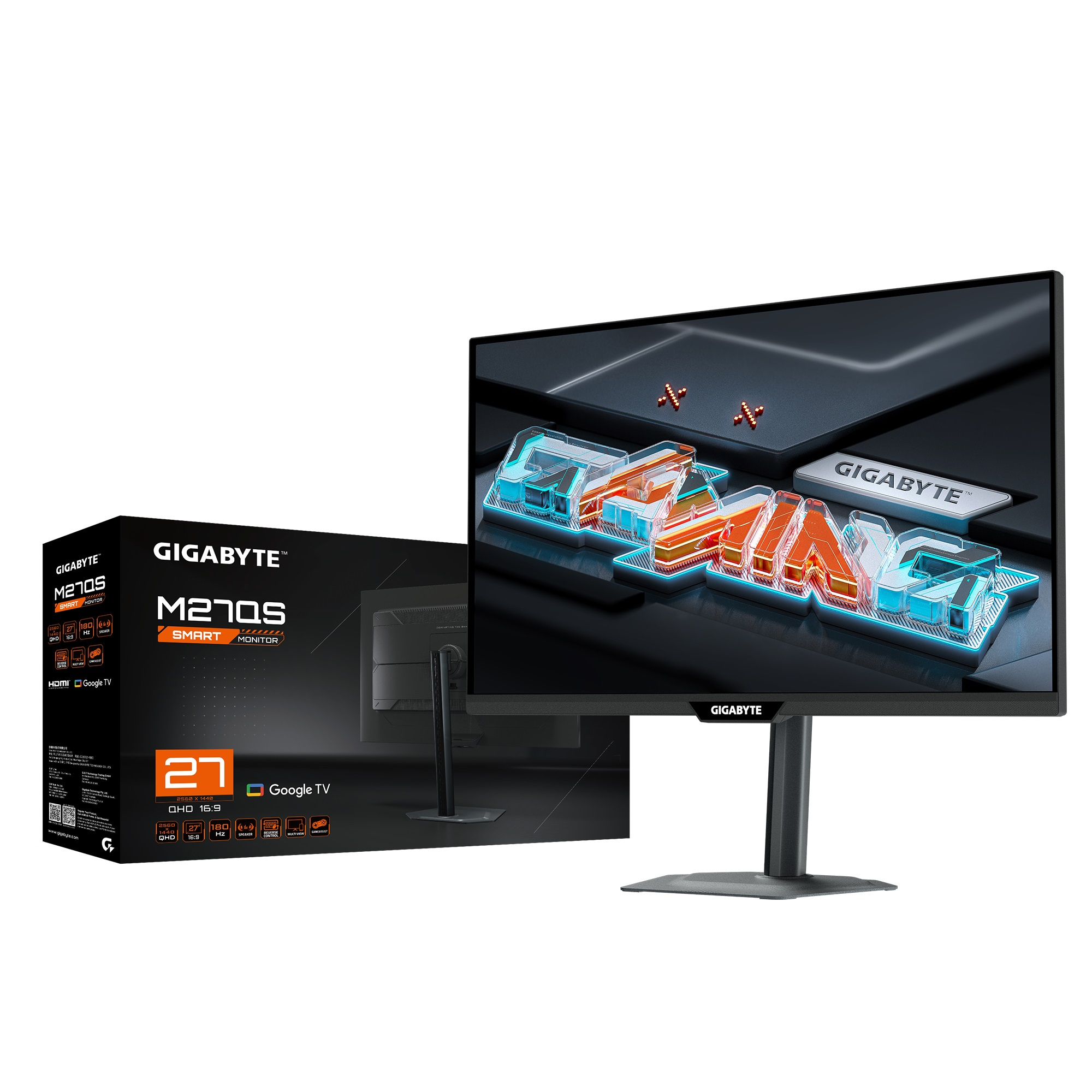 Een Gigabyte M270S smart monitor met een doos. De monitor heeft een zwart scherm met een logo en een standaard. De doos toont de monitor.