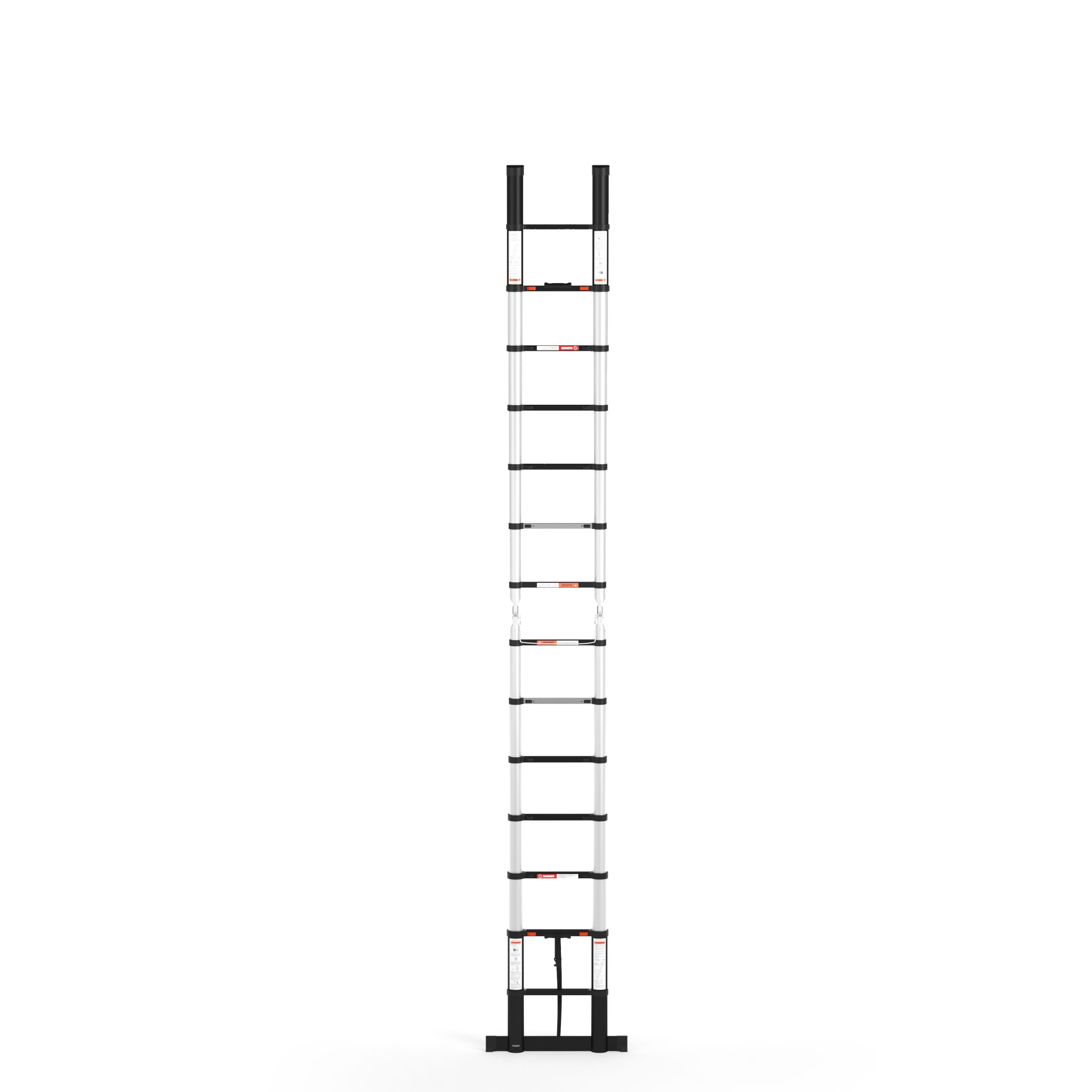 A silver and black telescopic ladder is fully extended against a white background. The ladder is upright.