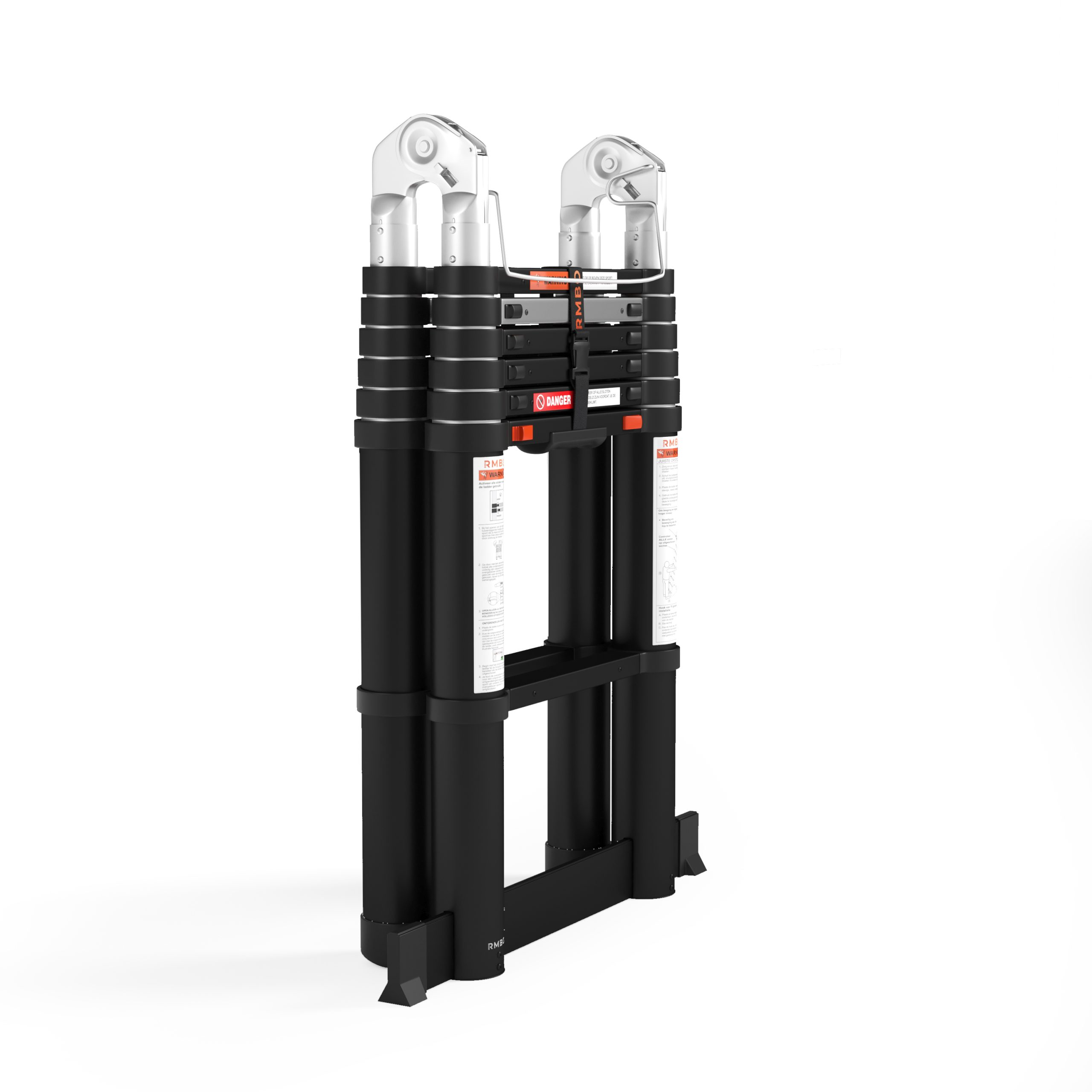 A black and silver folding ladder stands against a white backdrop, with safety warnings displayed on it.