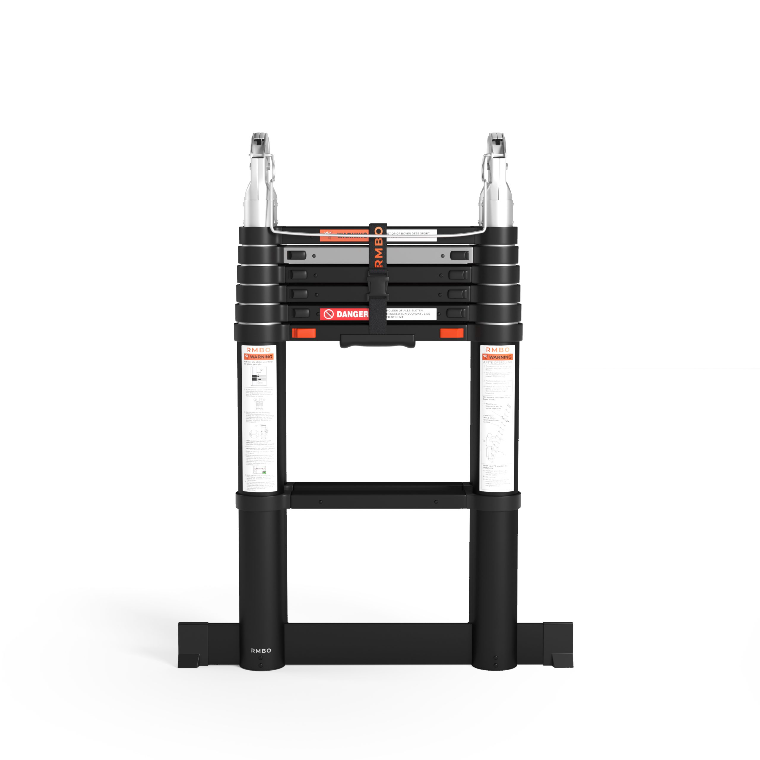 A black and silver folding ladder stands against a white background. It has warning labels and the brand name RMBO.
