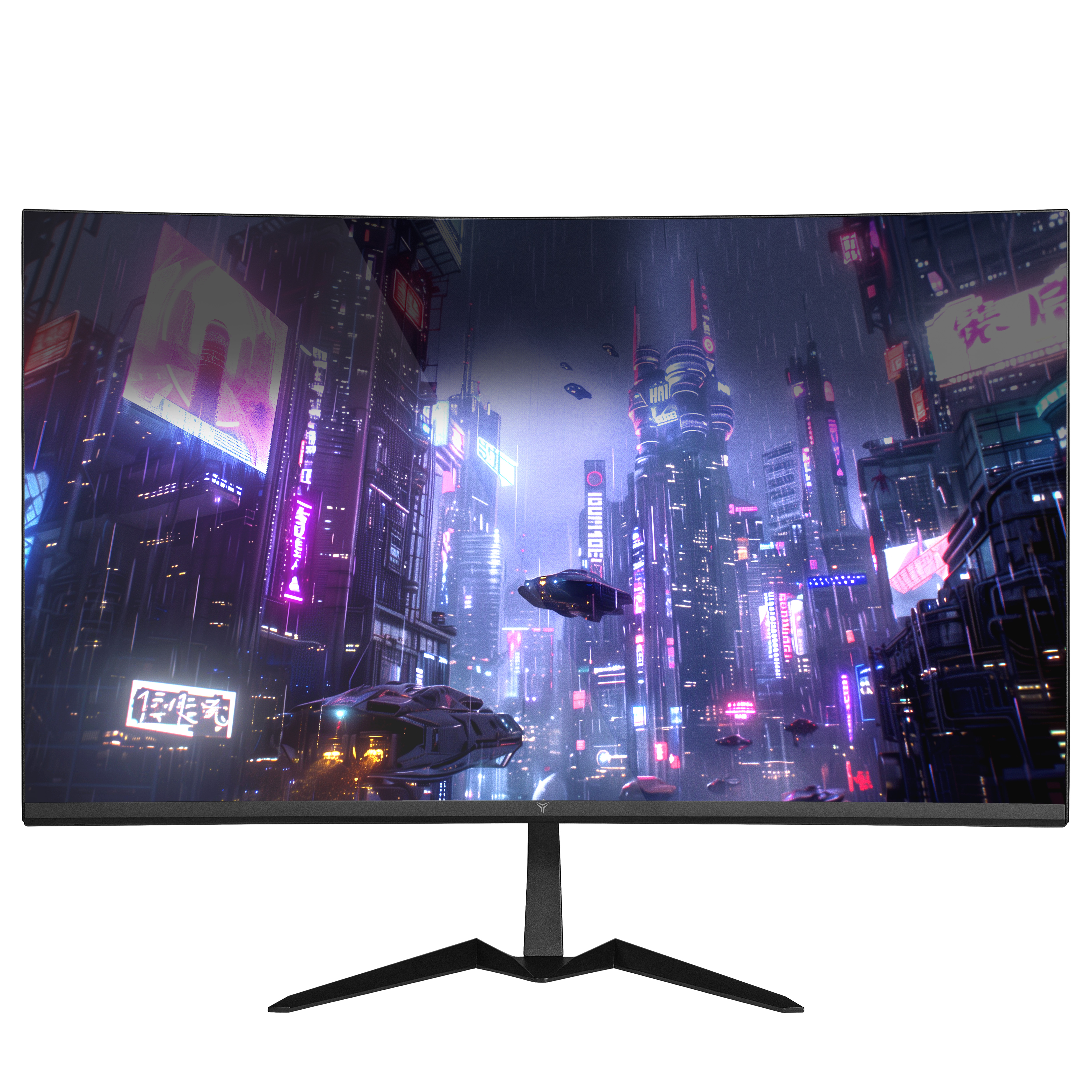 Zakrzywiony monitor komputera przedstawiający futurystyczne miasto z latającymi pojazdami i neonami.