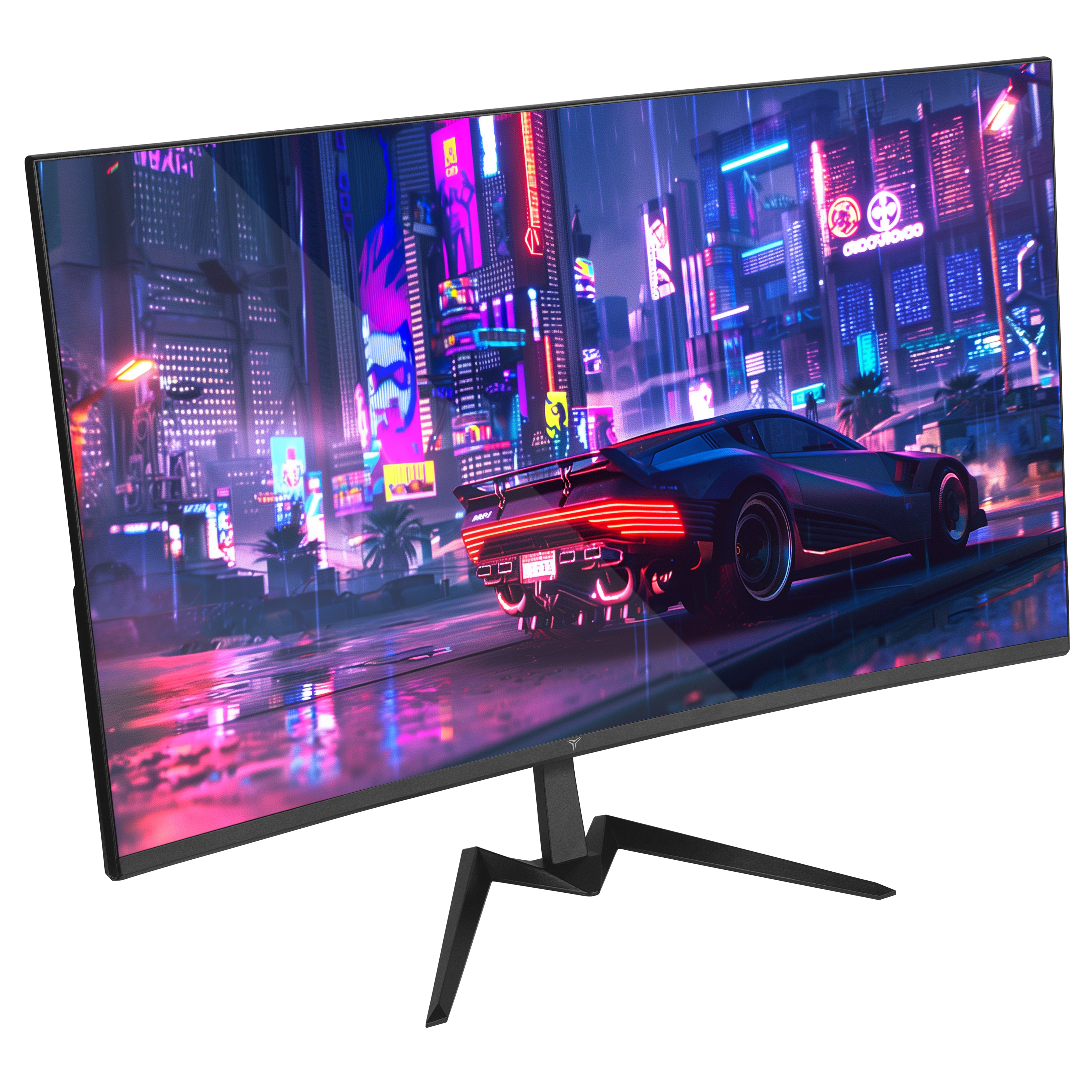 Monitor komputera wyświetla futurystyczną scenę miejską z poruszającym się samochodem. Monitor ma czarny stojak.