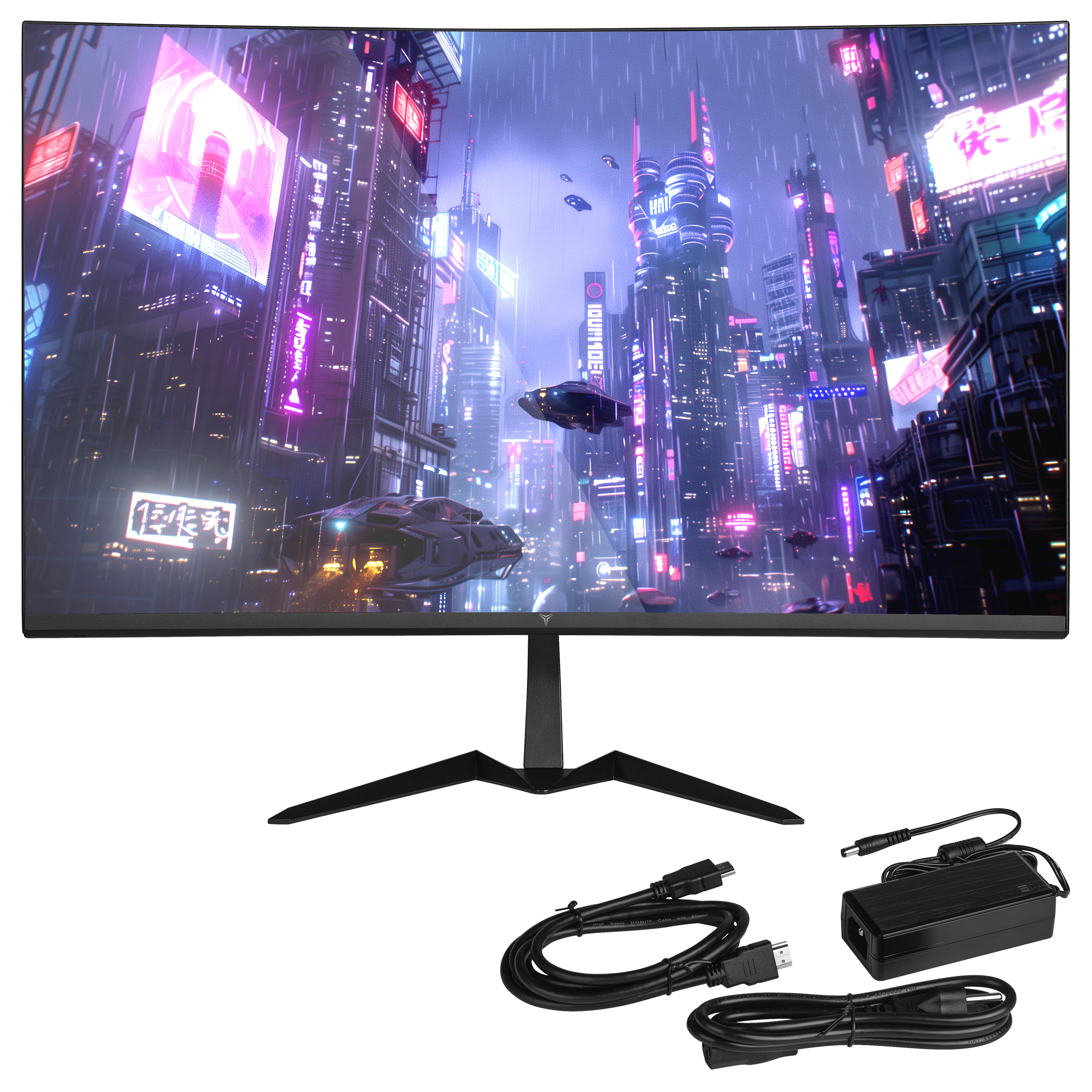 Monitor wyświetla futurystyczne miasto. Kable i zasilacz z przodu.