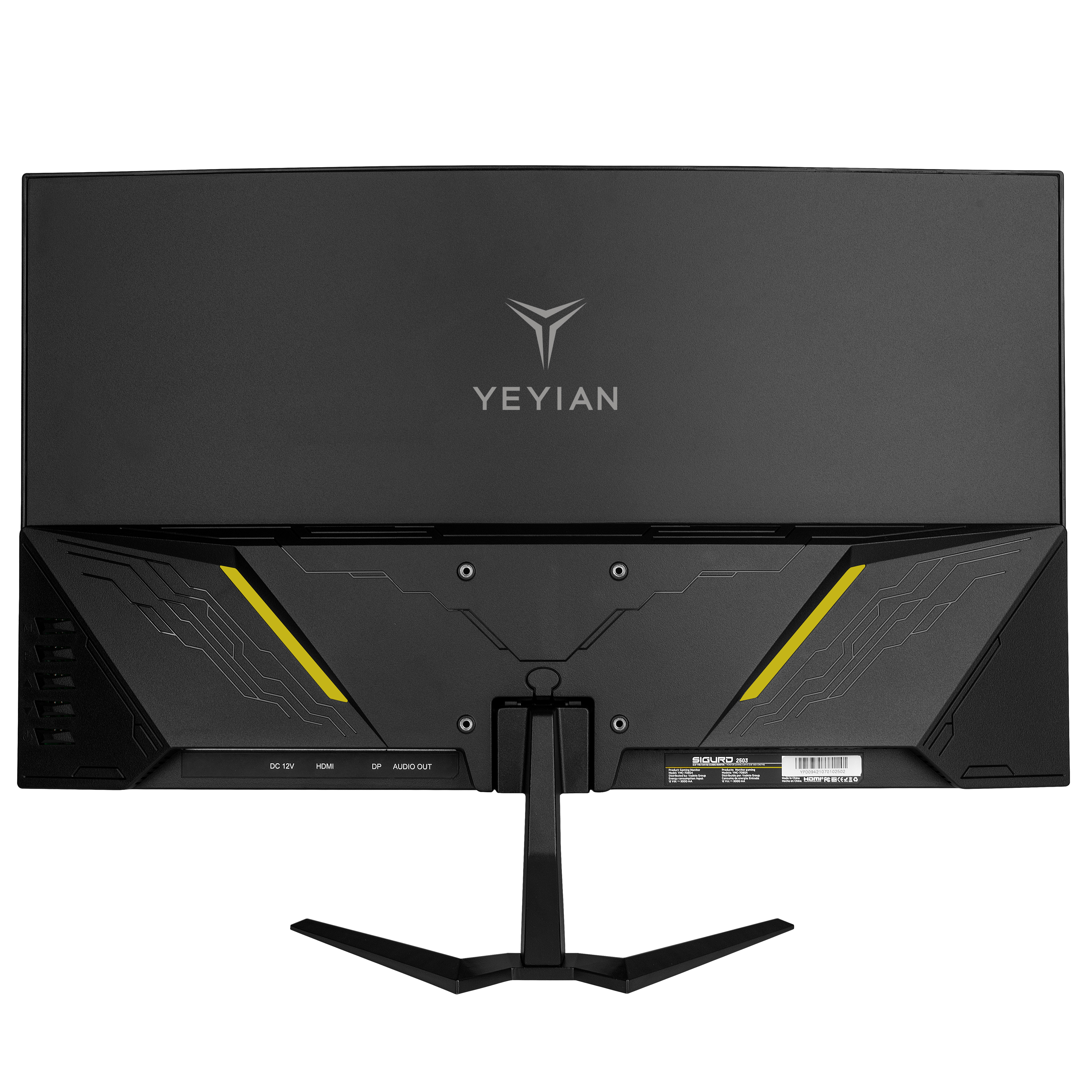 Tył czarnego monitora Yeyian z żółtymi akcentami, portami i podstawą. Widoczne logo i informacje o modelu.