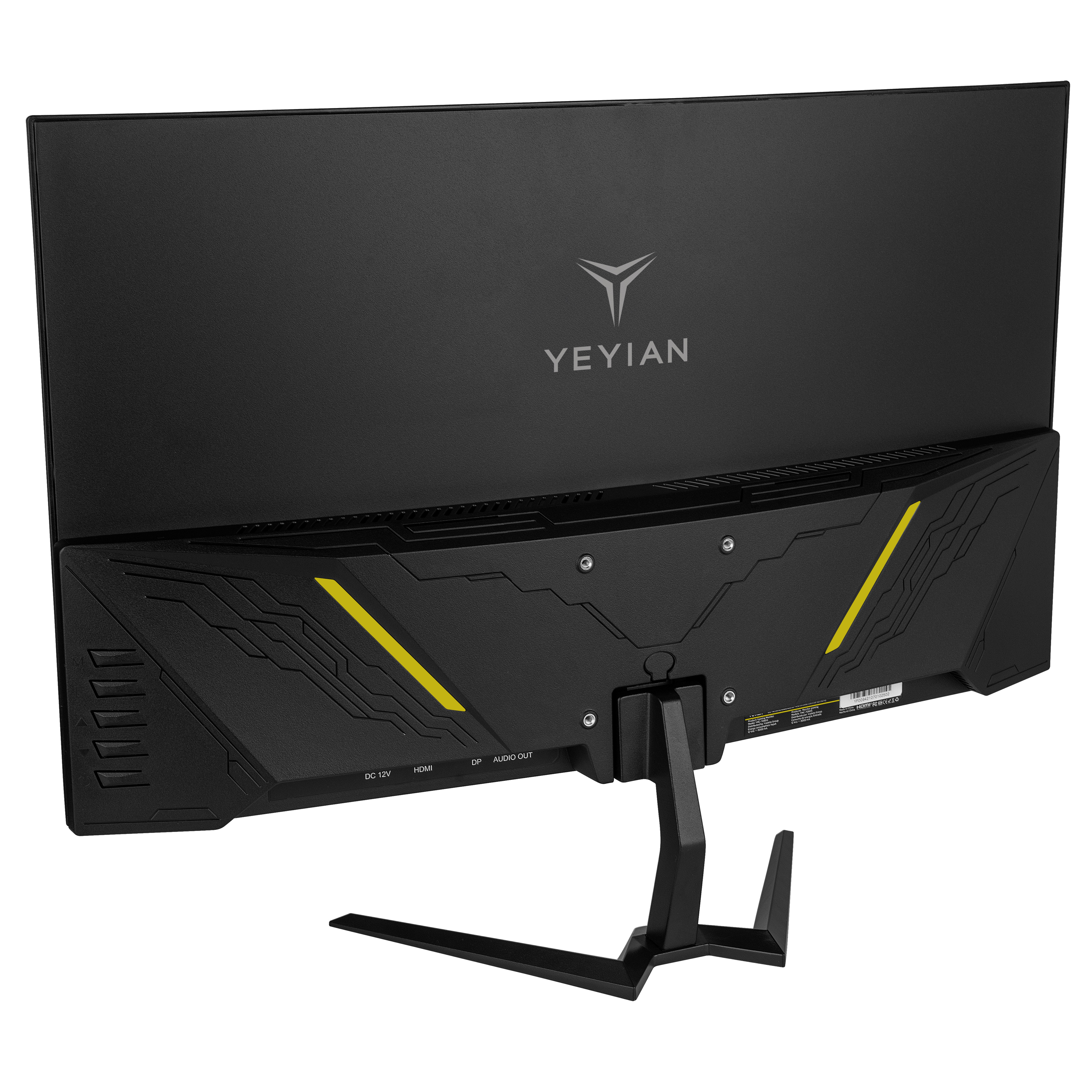 Tył czarnego monitora YEYIAN. Ma żółte akcenty i podstawkę. Porty to DC, HDMI, DP i wyjście audio.