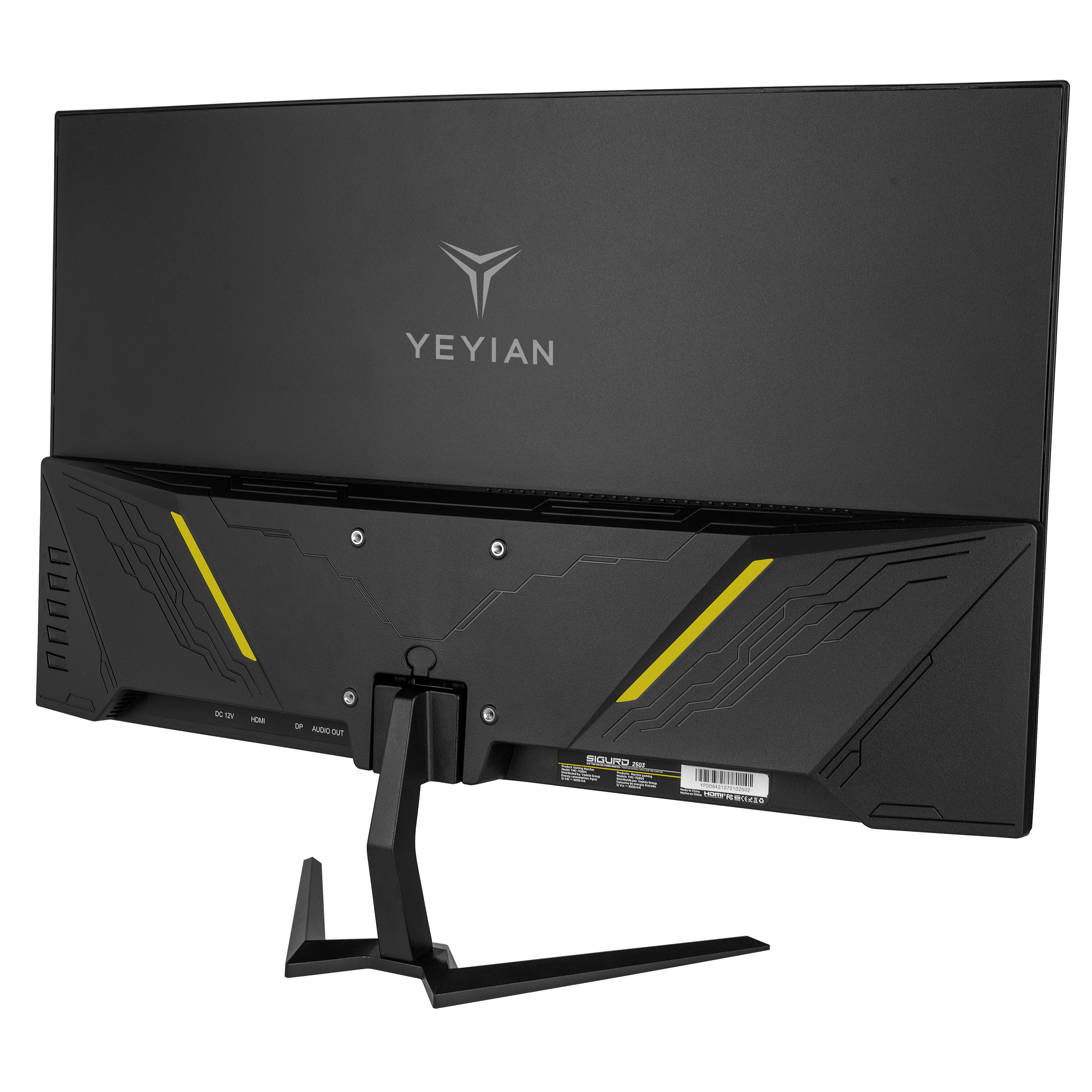 Tył czarnego monitora Yeyian. Ma podstawę, żółte akcenty i porty. Model to SIGURD 2503.
