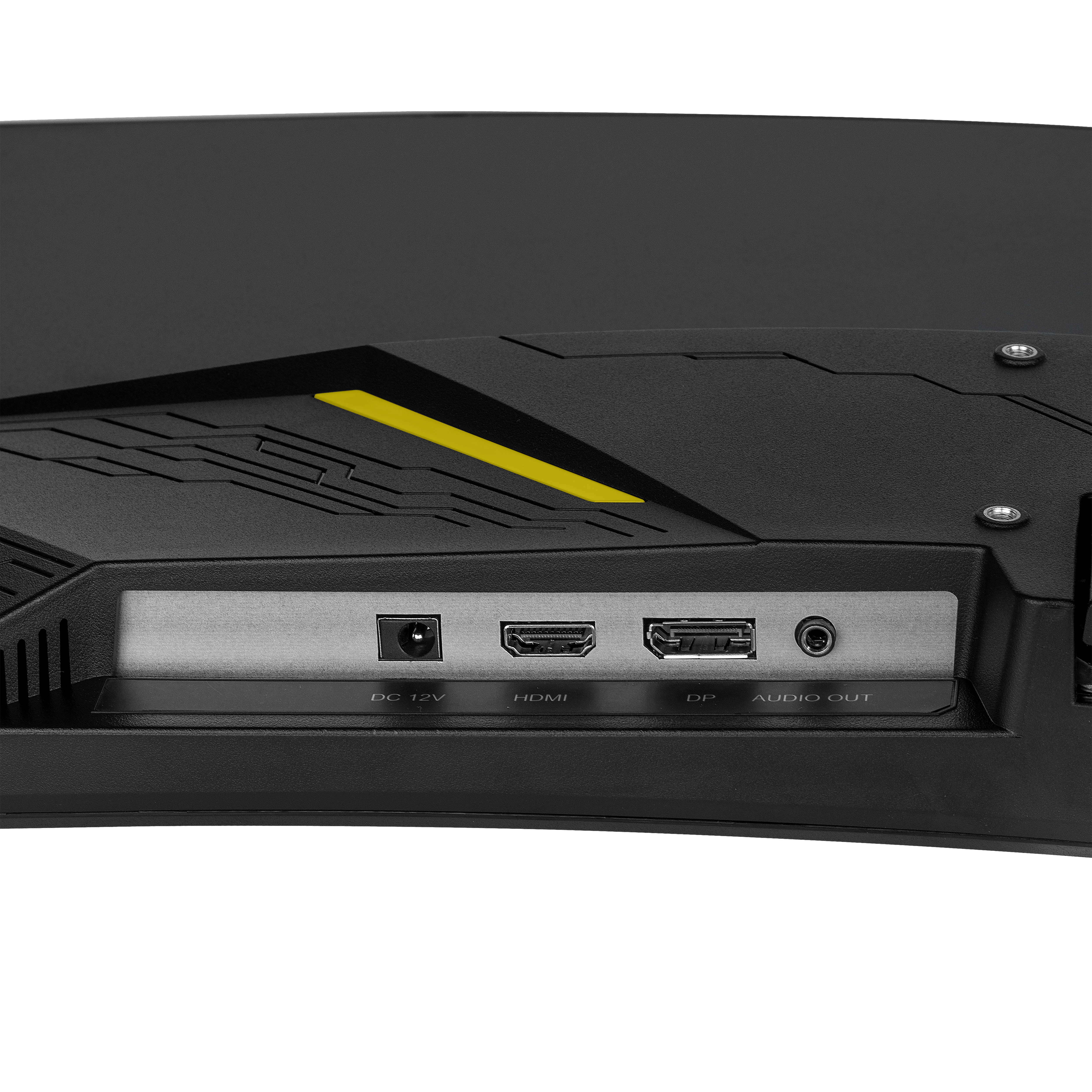 Zbliżenie tylnej części czarnego monitora z portami: DC 12V, HDMI, DP i wyjściem audio. Żółty akcent na górze.