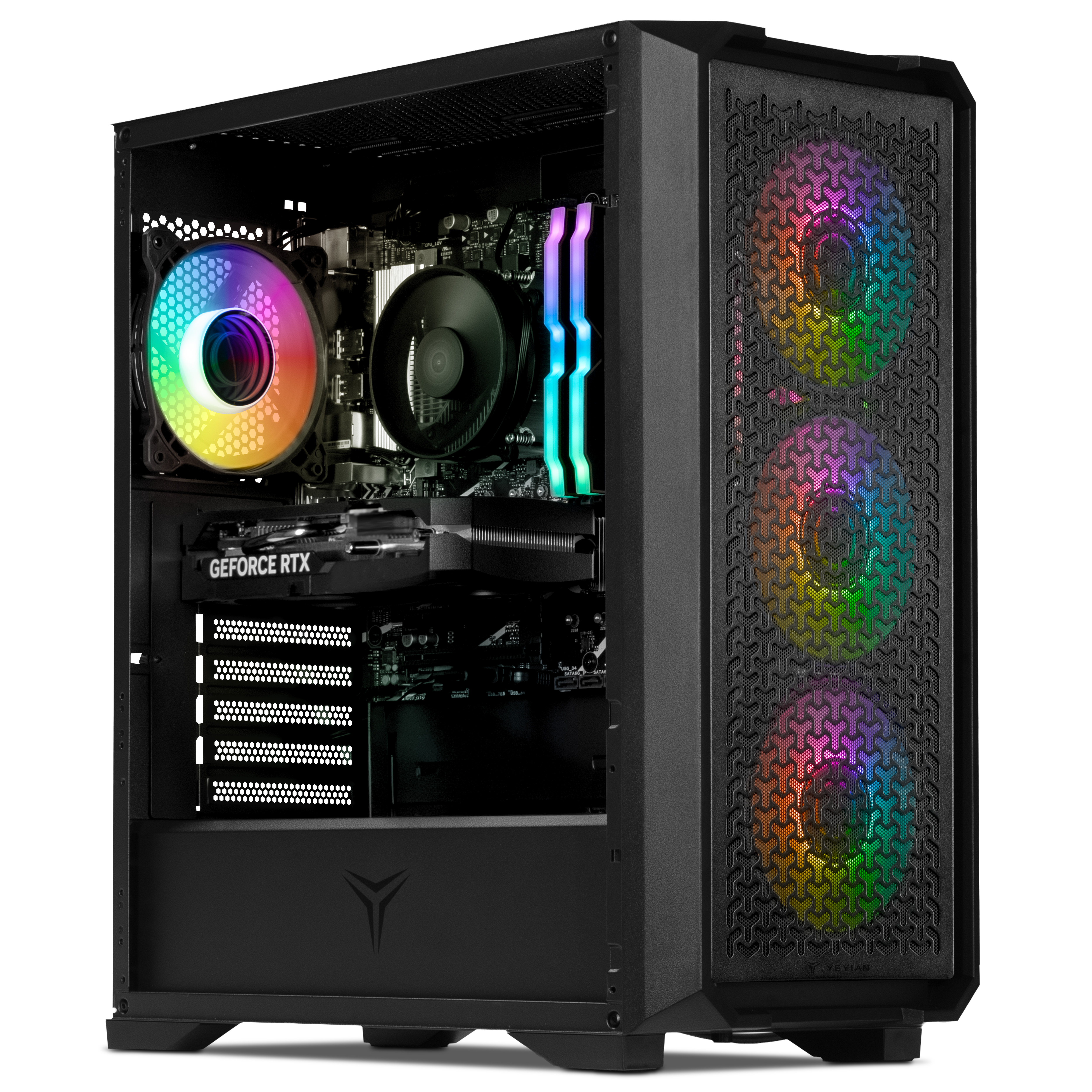 Caja de ordenador negra con componentes internos iluminados con luces RGB. Incluye una tarjeta gráfica y ventiladores.