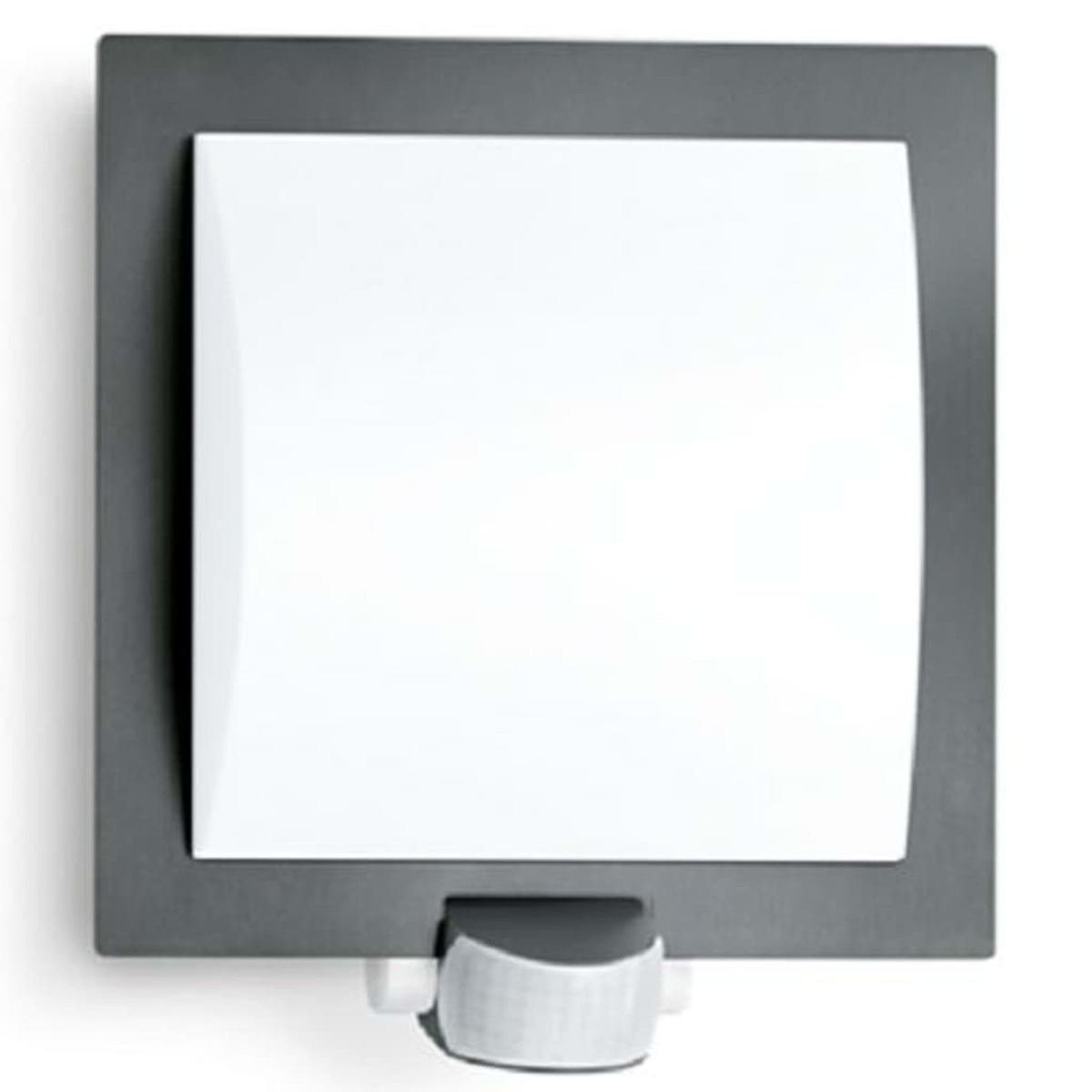 Ein quadratisches, grau gerahmtes Gerät mit einem weißen Mittelteil. Unten befindet sich ein Sensor. Das Gerät ist an einer weißen Wand montiert.