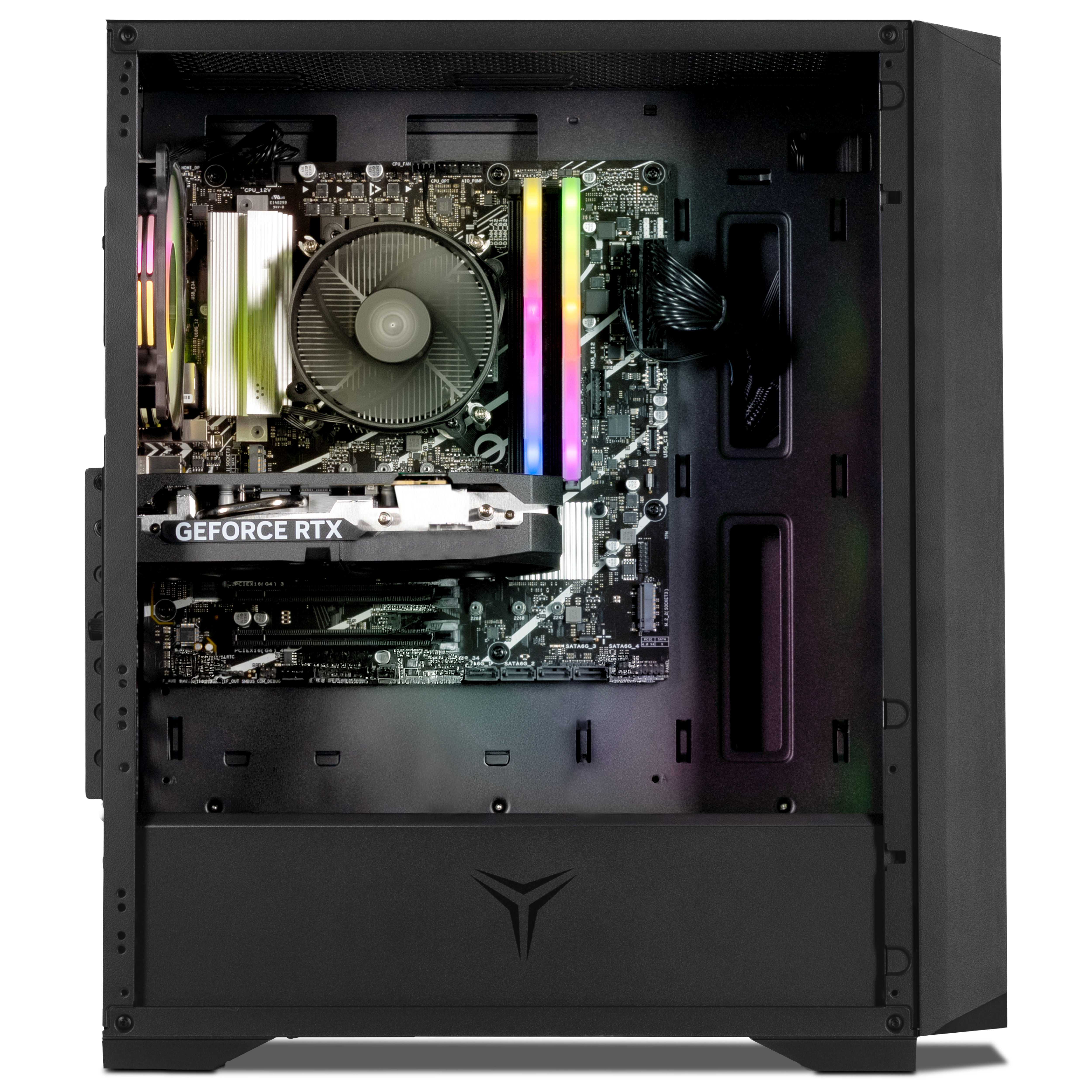Caja de ordenador abierta con componentes visibles: enfriador de CPU, módulos RAM, tarjeta gráfica y placa base.