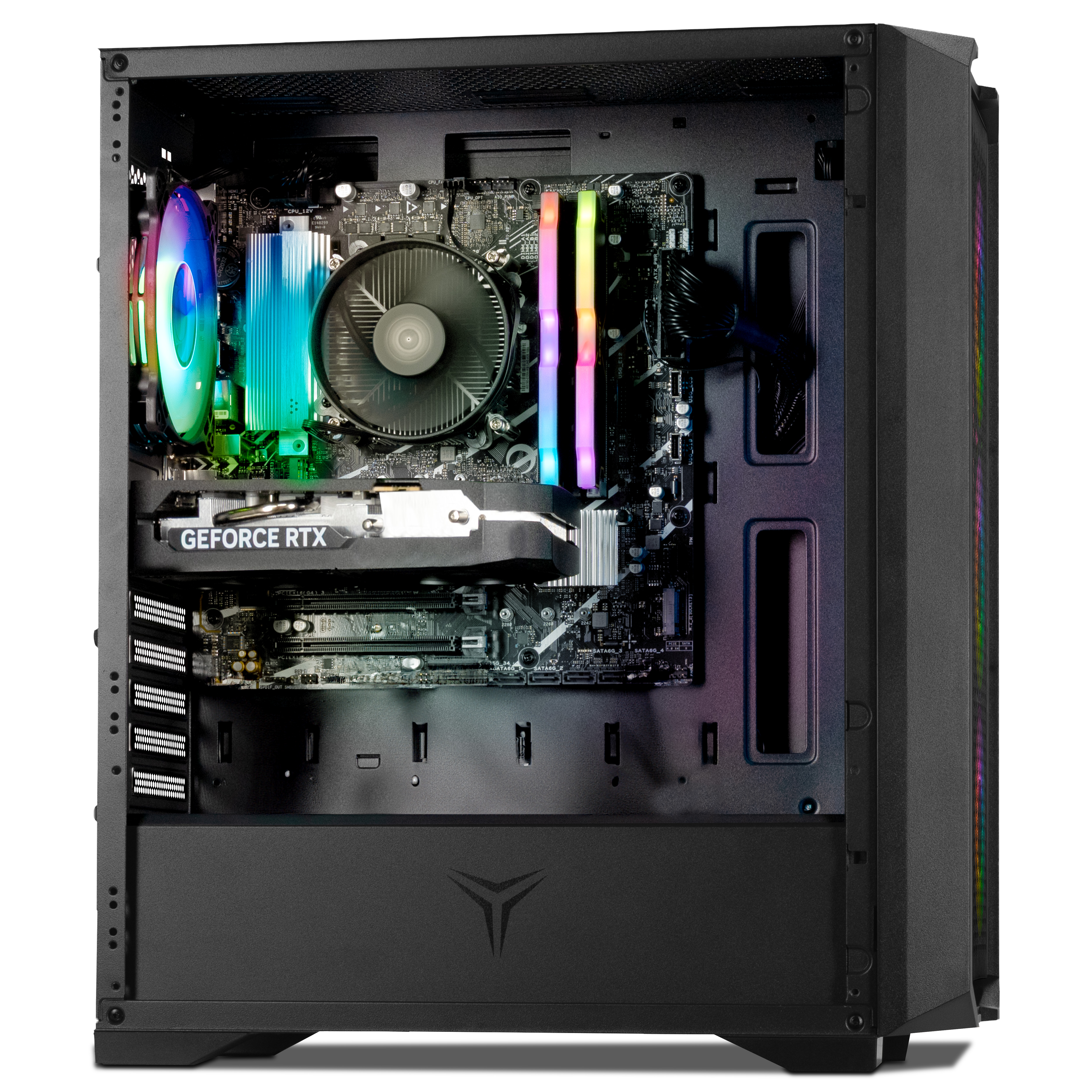 Dentro de una caja de computadora: placa base, enfriador de CPU, tarjeta gráfica, RAM e iluminación LED. Caja negra con logo.