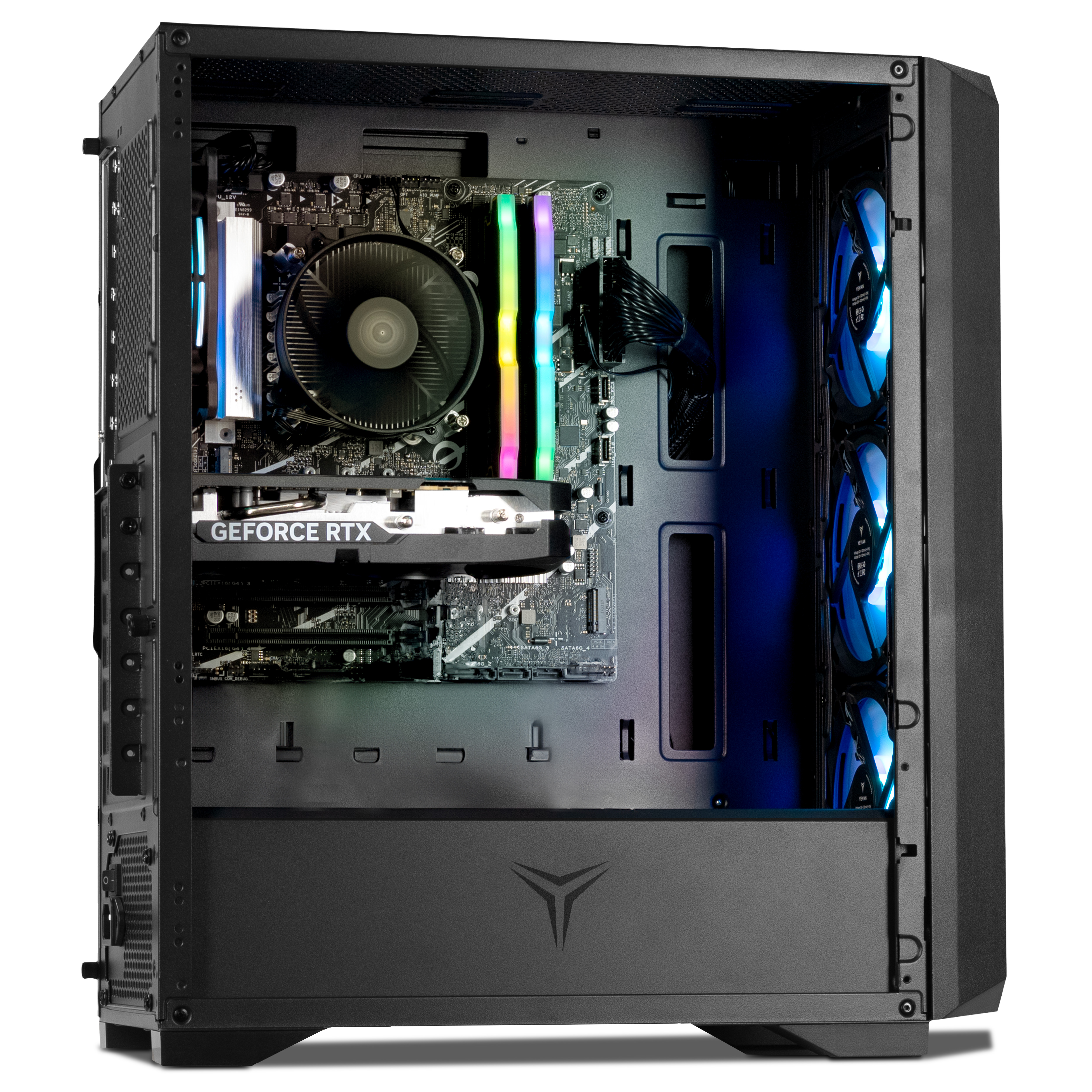 Una carcasa de computadora está abierta, revelando componentes internos como una tarjeta gráfica, un enfriador de CPU y memorias RAM.