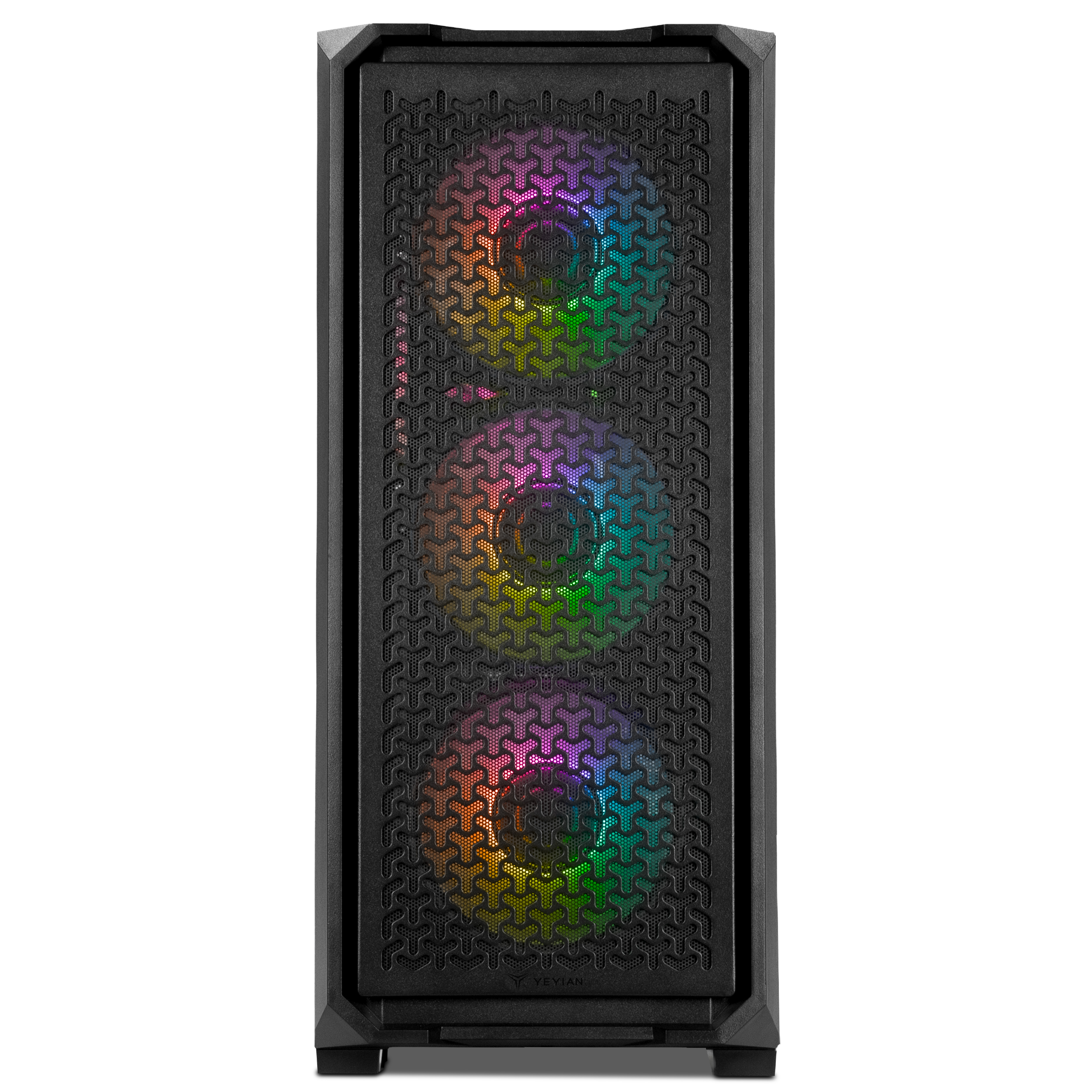 Una caja de ordenador negra con frontal de malla. La malla tiene luces de colores del arco iris visibles.