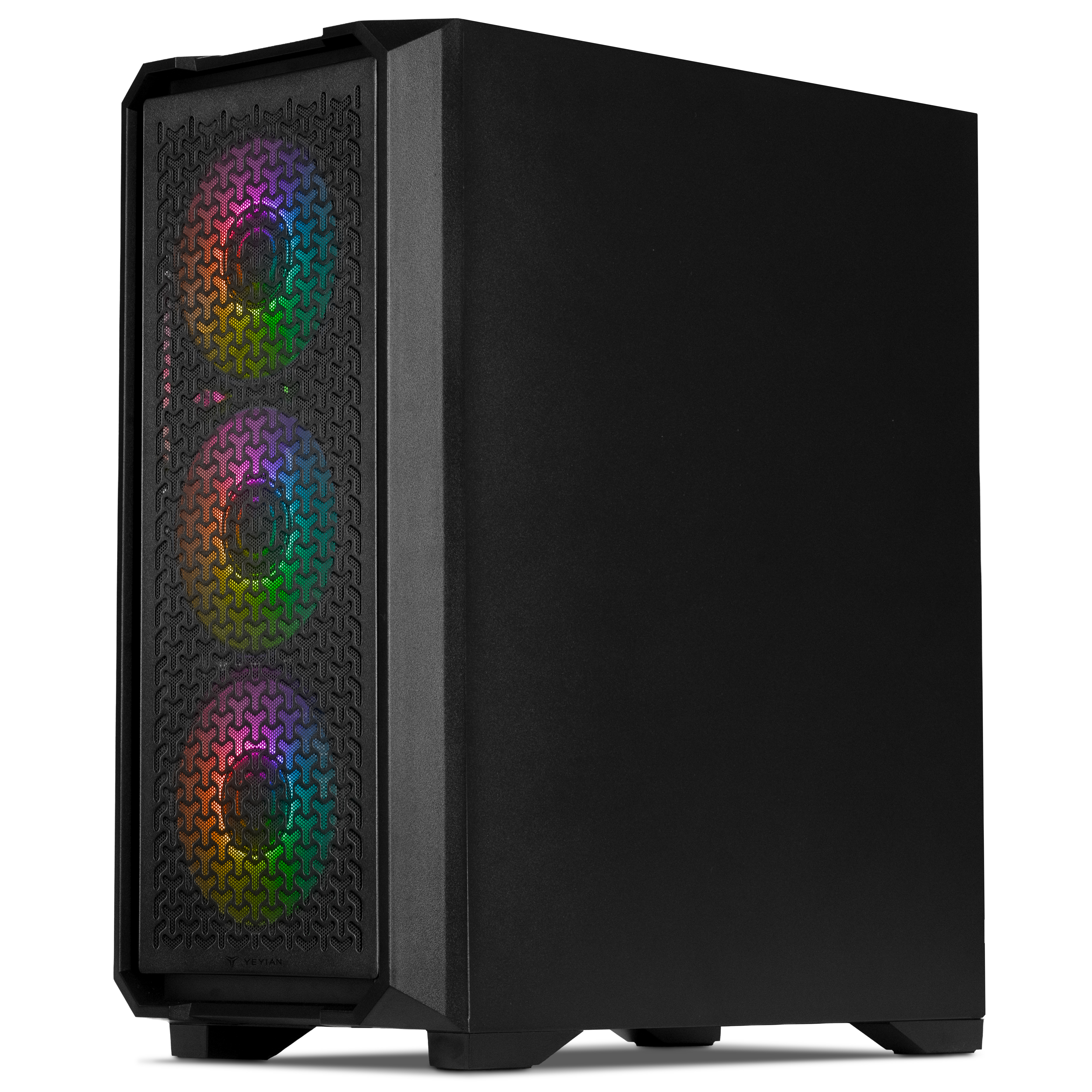 Una caja de computadora negra con una parte frontal de malla que muestra colores del arcoíris. La caja tiene un diseño elegante y se encuentra sobre una superficie blanca.