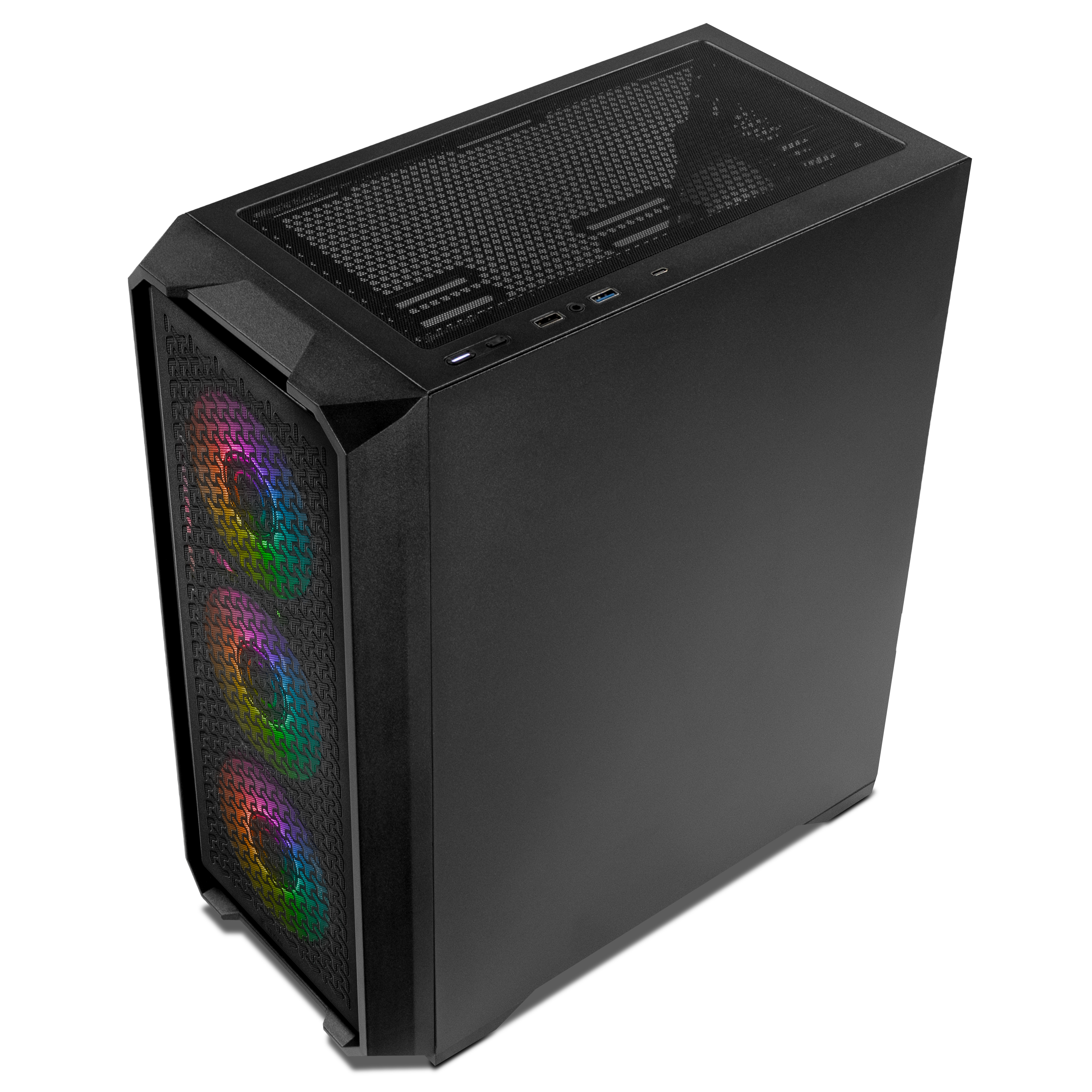 Caja de computadora negra con frente de malla, mostrando luces de ventilador de arcoíris. La parte superior tiene malla y puertos.