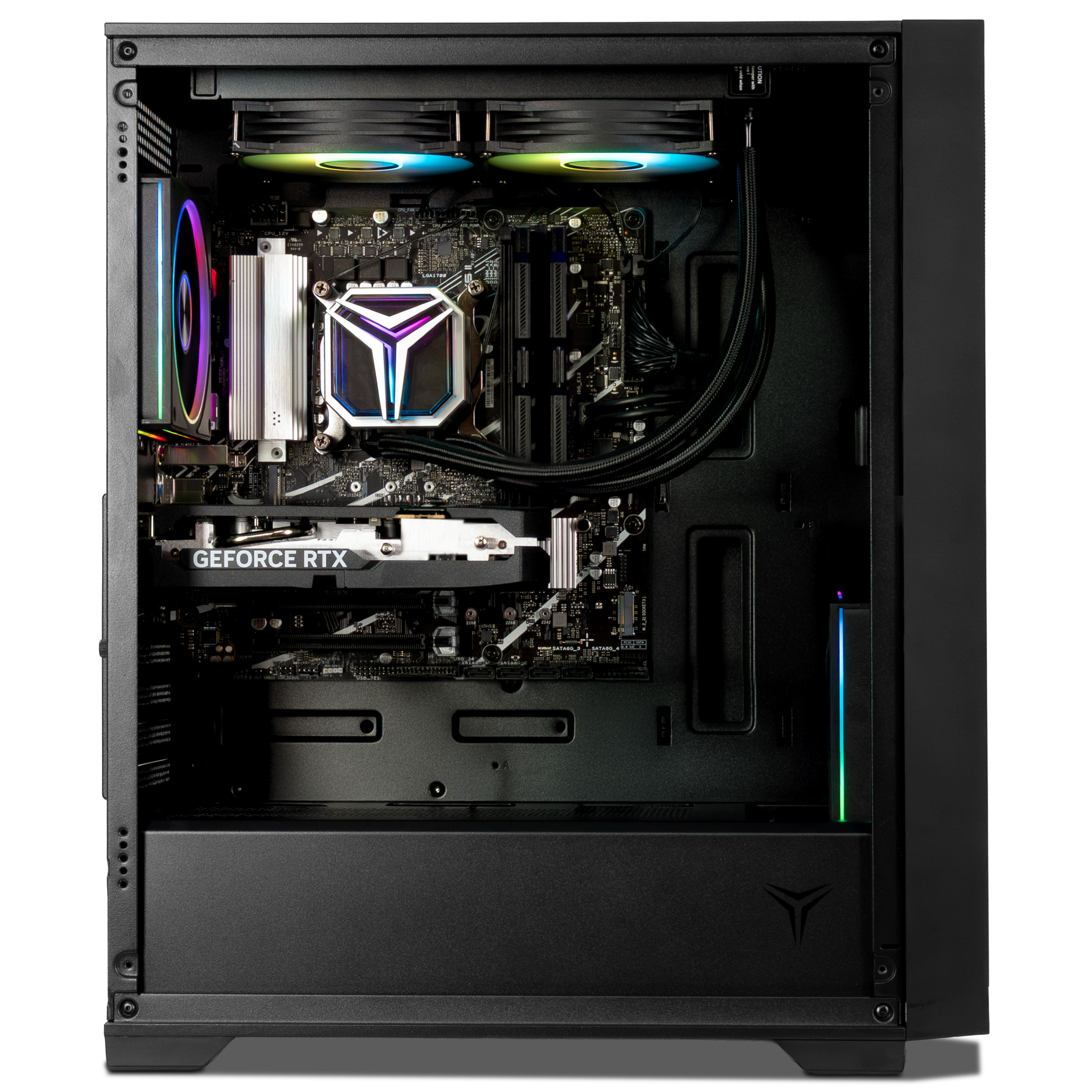 Interno di un case per computer nero con scheda madre, scheda grafica, dissipatore CPU e ventole RGB.