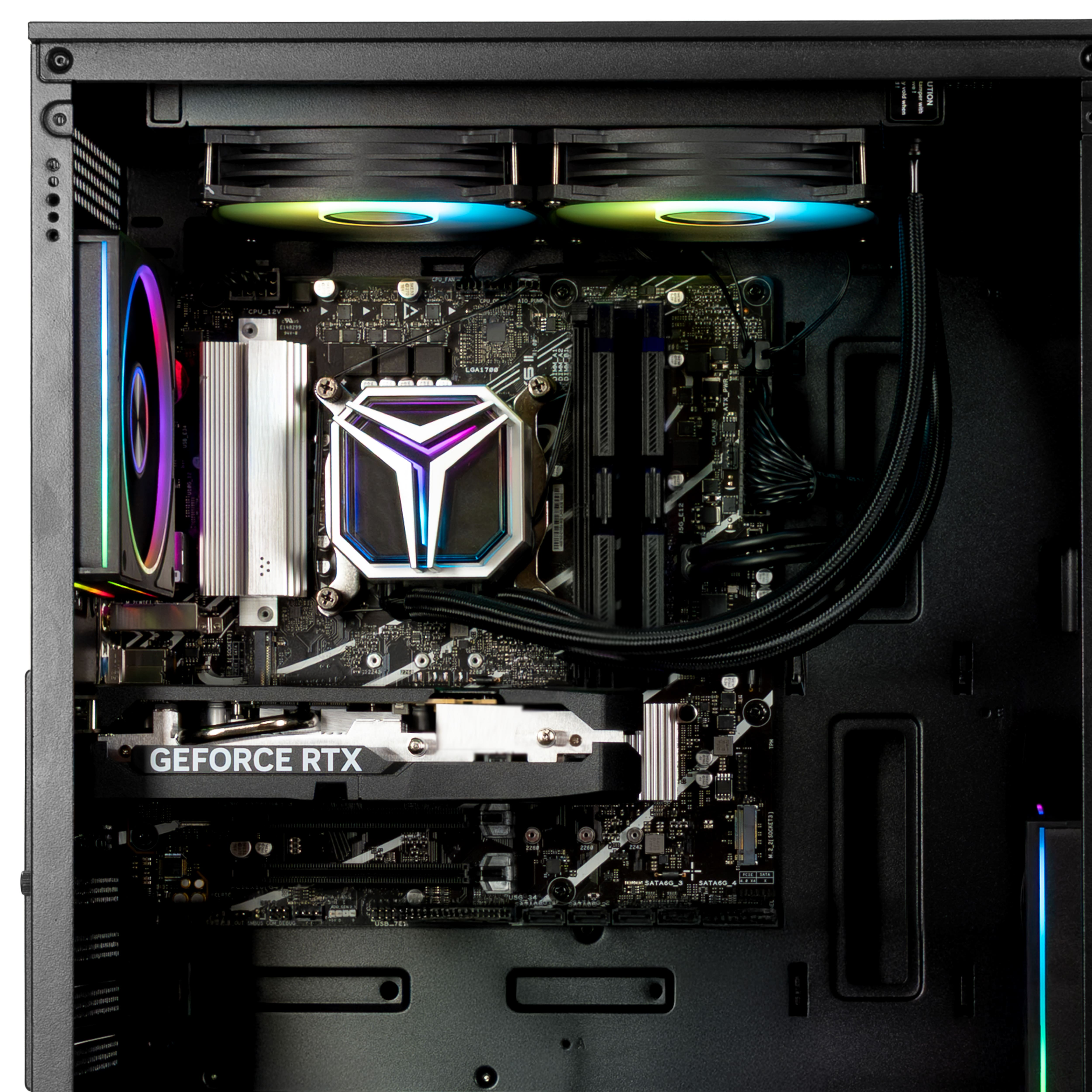 Interno di un case per computer con componenti. Sono visibili una scheda grafica, una scheda madre, ventole e un dissipatore CPU.