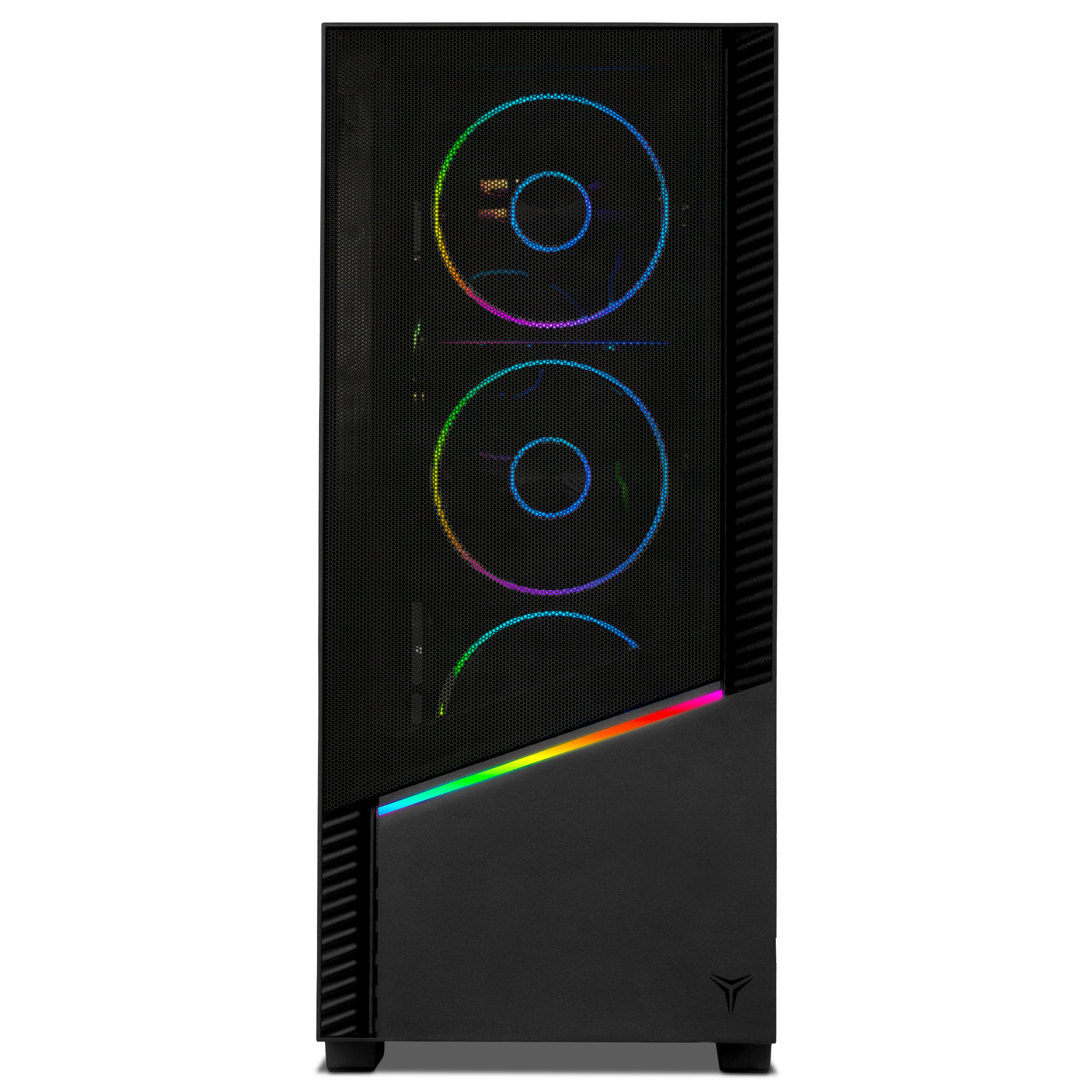 Case per computer nero con frontale a rete e ventole RGB. Include una striscia RGB inferiore e un logo in basso a destra.