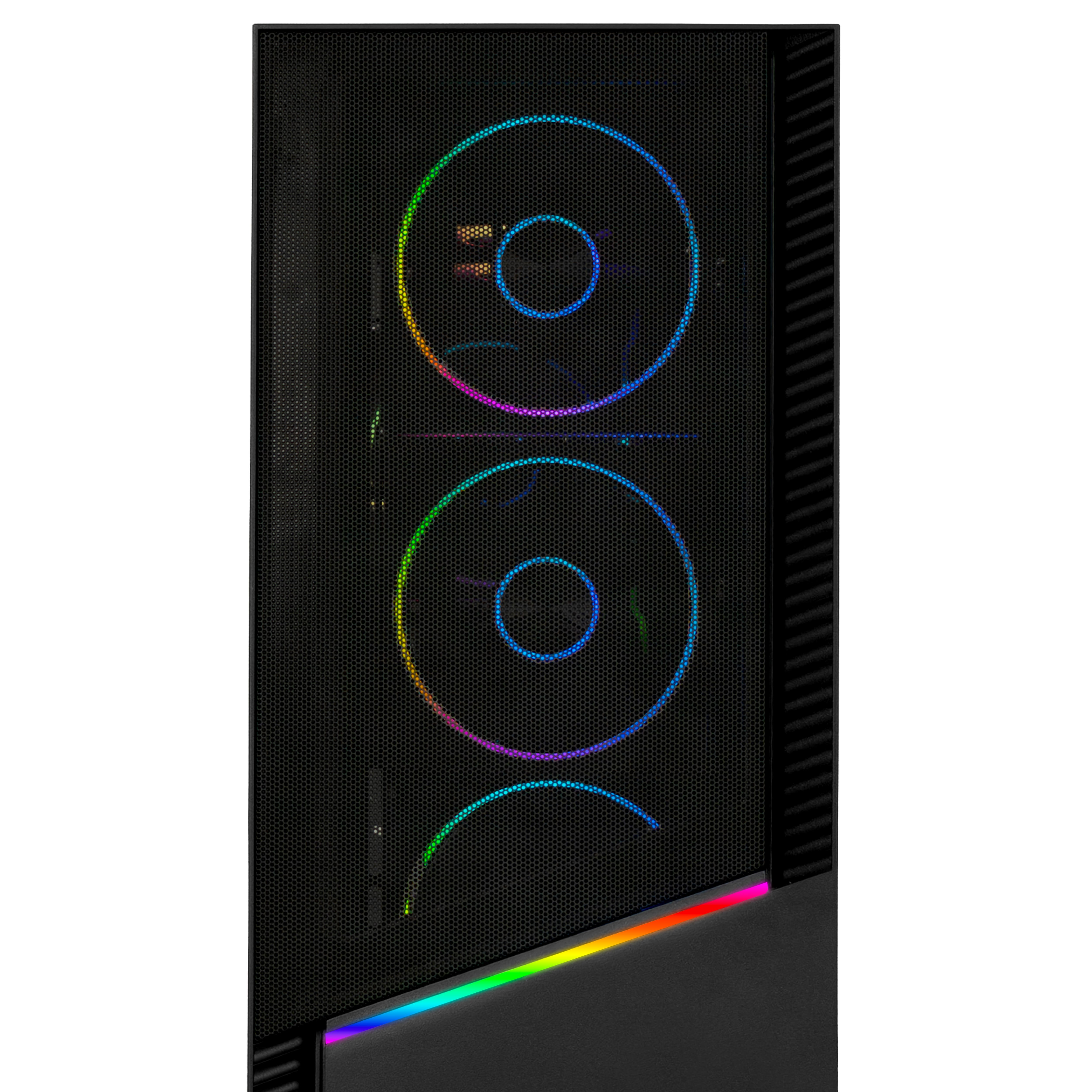 Case per PC nero con ventole RGB e pannello frontale. Le ventole hanno luci circolari. Il pannello frontale è a rete.