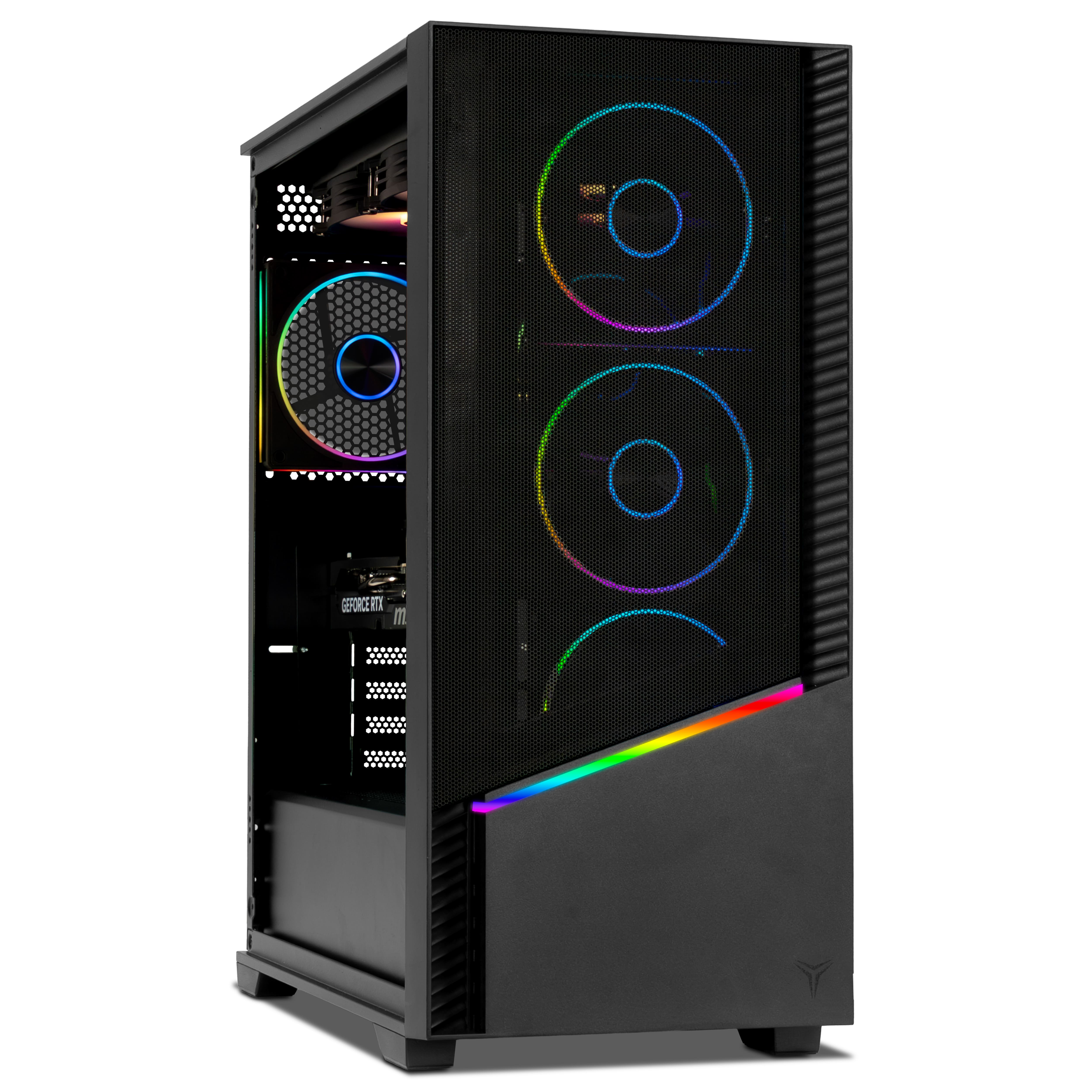 Case per computer nero con frontale a rete, illuminazione RGB e ventola visibile. Il case è su sfondo bianco.