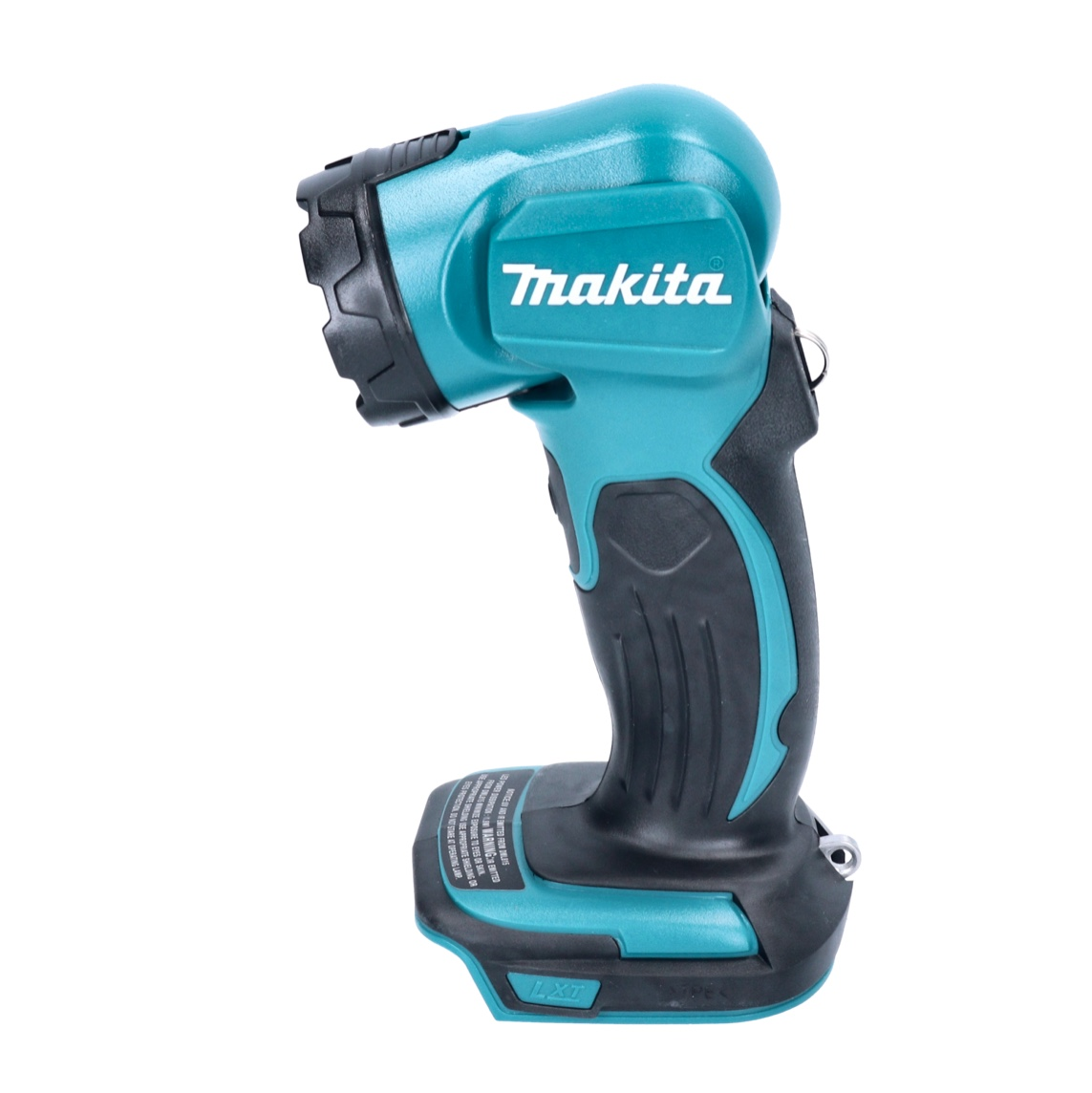 Eine türkis-schwarze Makita-Arbeitsleuchte auf weißem Hintergrund. Die Leuchte hat einen schwarzen Kopf und einen schwarzen Griff.