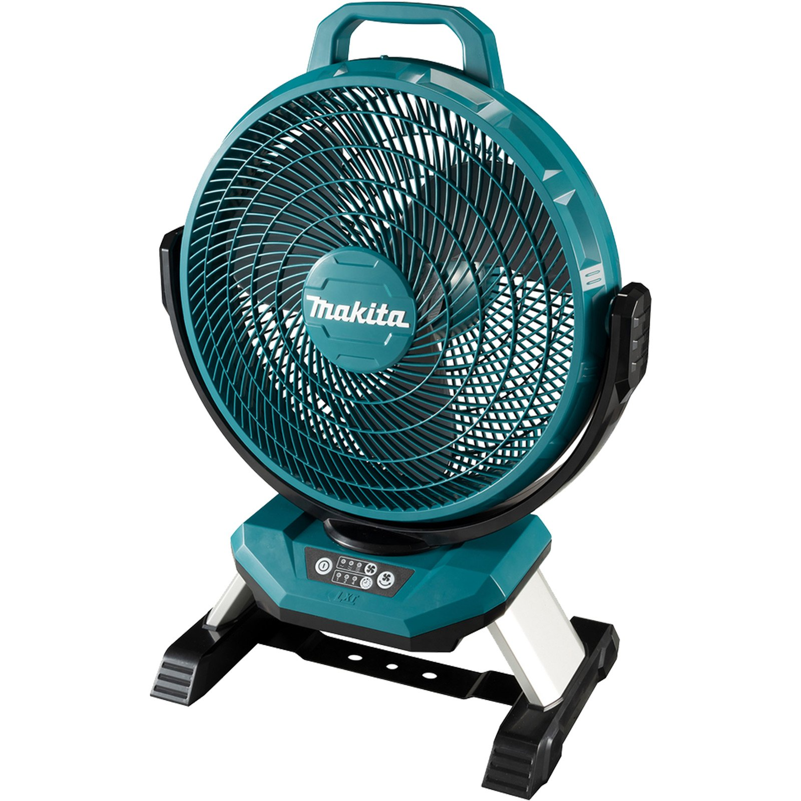 Un ventilador Makita verde azulado. Tiene una jaula circular, un asa y una base. El ventilador está sobre una superficie blanca.