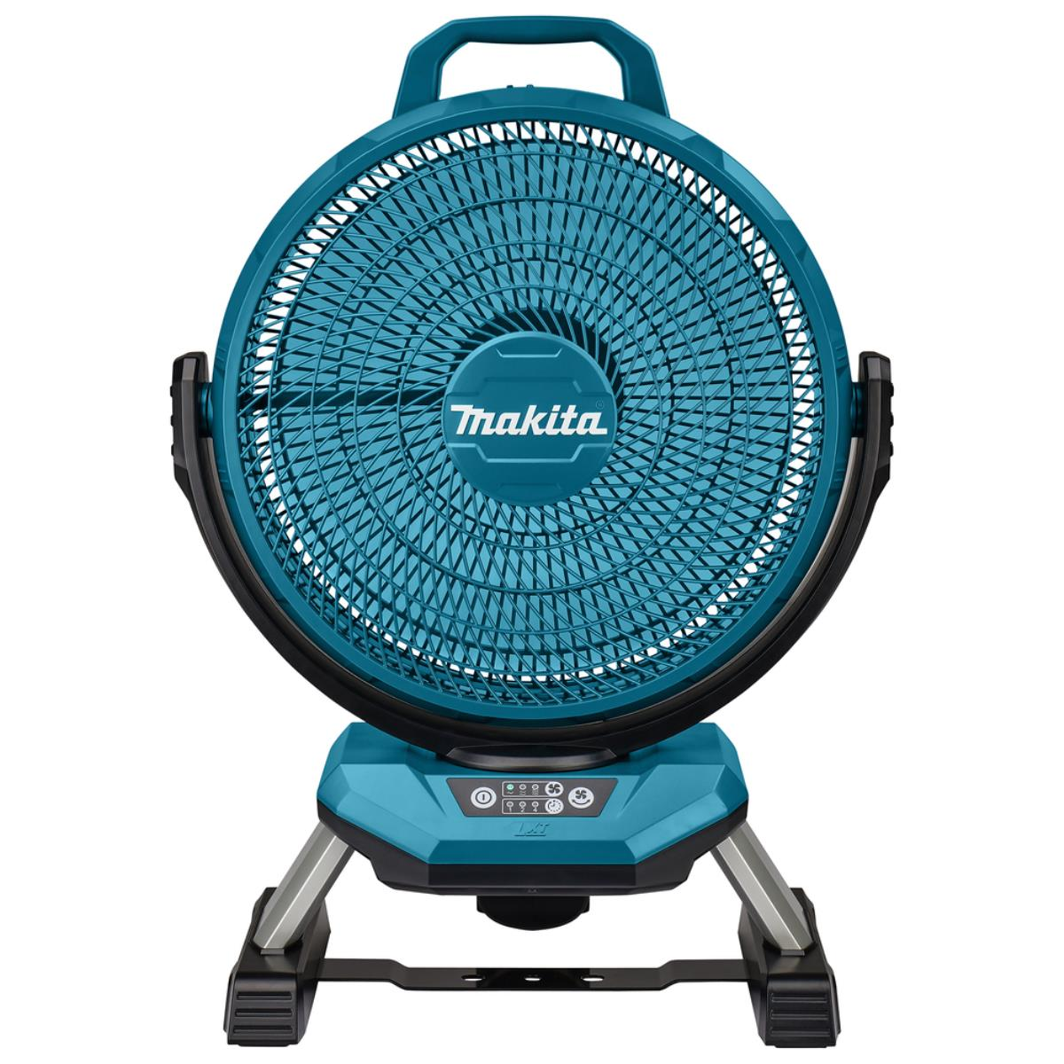 Un ventilador Makita turquesa con asa. Tiene una jaula circular y un panel de control en la base. El ventilador está sobre un soporte.