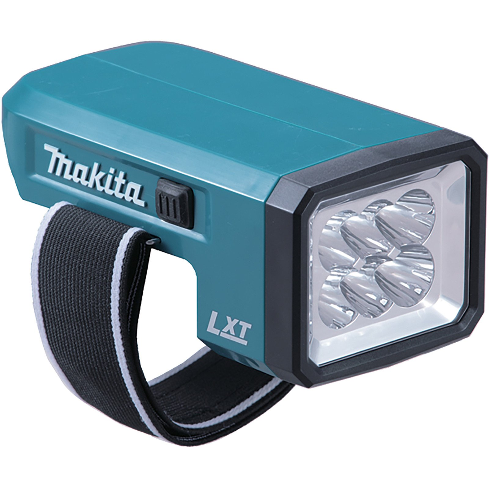 Eine türkisblaue Makita-Stirnlampe mit einem schwarz-weißen Riemen. Sie hat vier helle LED-Leuchten. Der Markenname und LXT sind sichtbar.