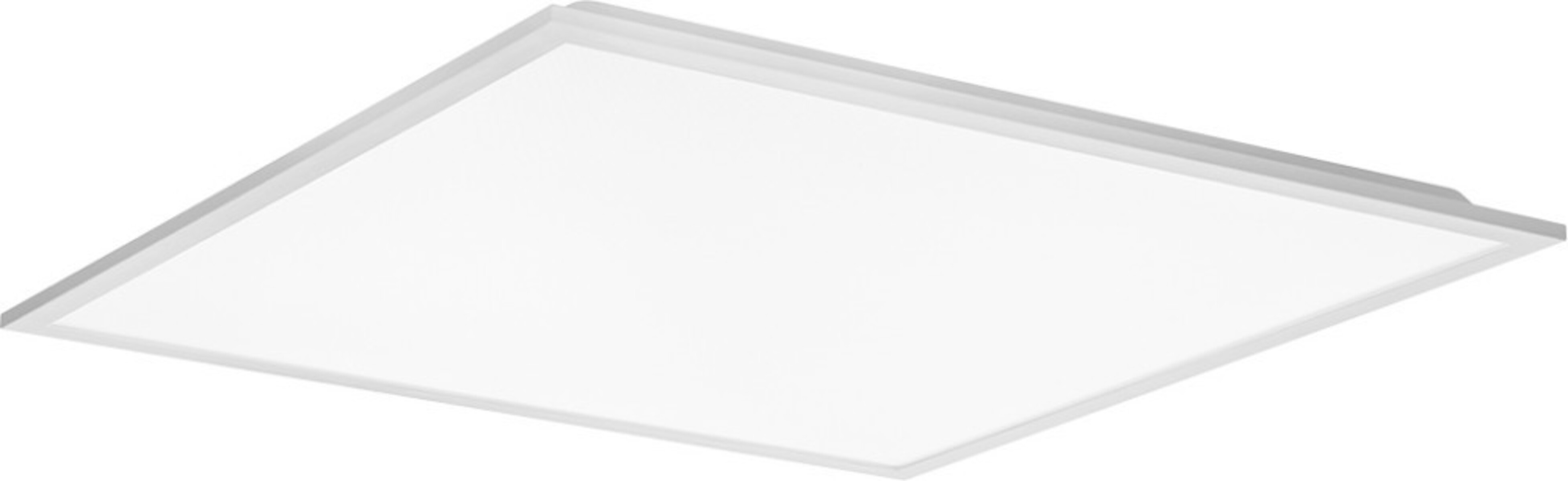 Ein quadratisches, weißes LED-Panel-Licht mit einem dünnen, grauen Rahmen wird gezeigt. Es ist für die Deckenmontage bestimmt.