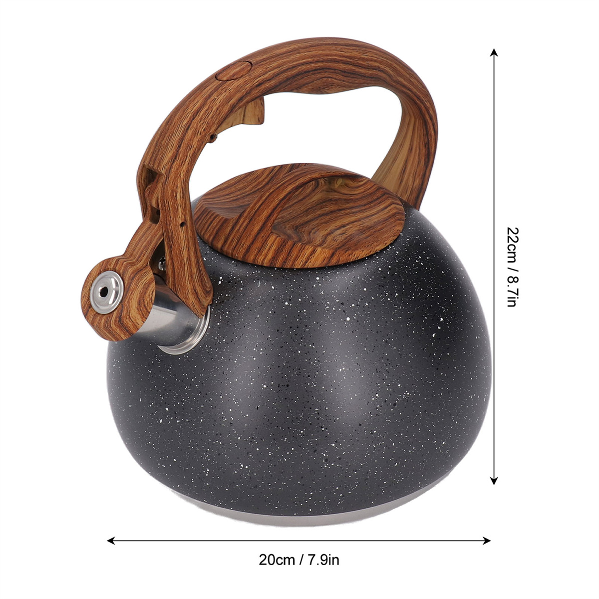 Ein schwarz gesprenkelter Wasserkocher mit Holzgriff und Deckel. Abmessungen: 20 cm x 22 cm. Pfeifenausguss an der Seite.