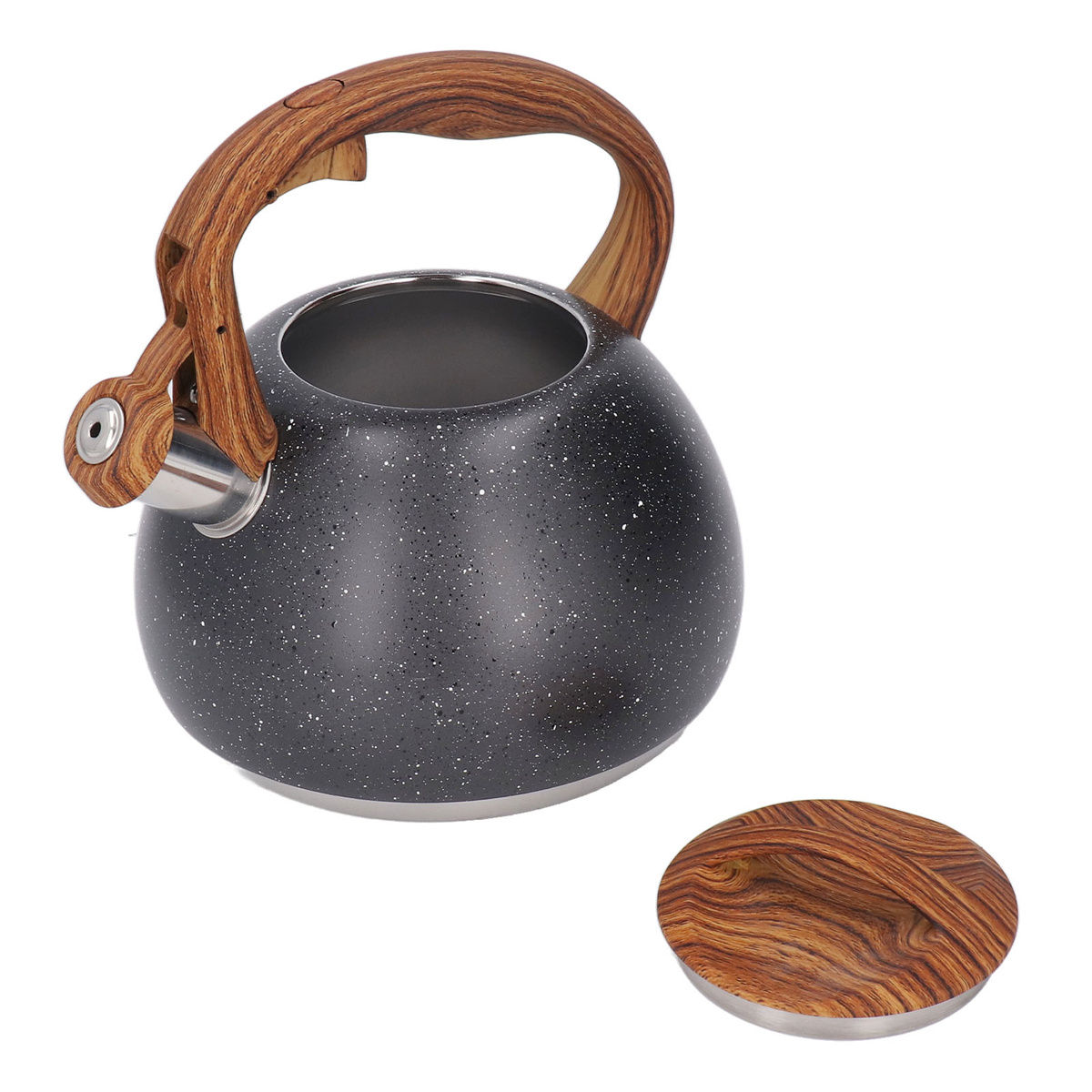 Ein schwarzer Wasserkocher mit Holzgriff und Deckel. Der Wasserkocher ist mit weißen Punkten gesprenkelt. Der Deckel hat ebenfalls Holzmaserung.
