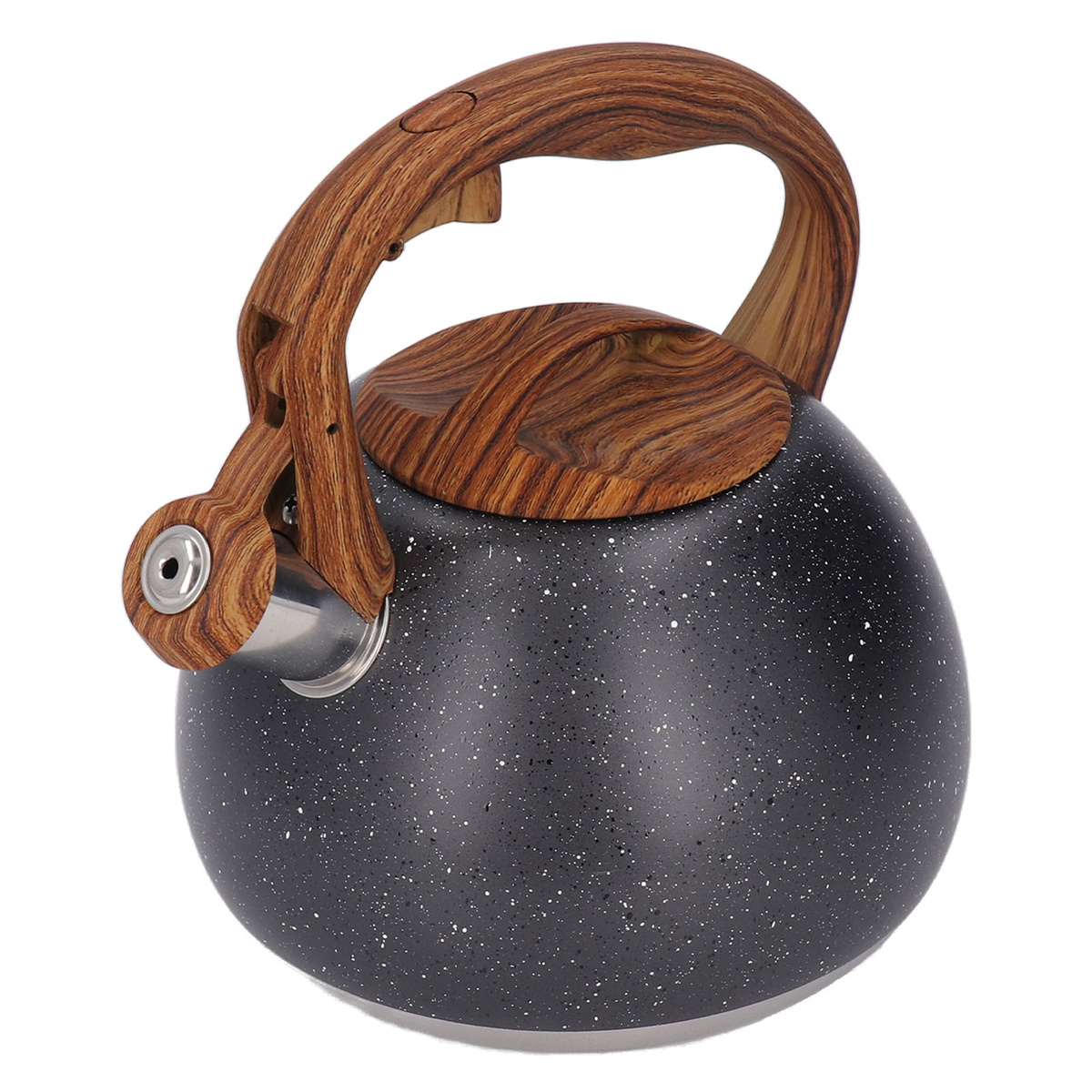 Ein schwarz gesprenkelter Wasserkocher mit Holzgriff und Deckel vor weißem Hintergrund. Der Griff hat ein einzigartiges Design.