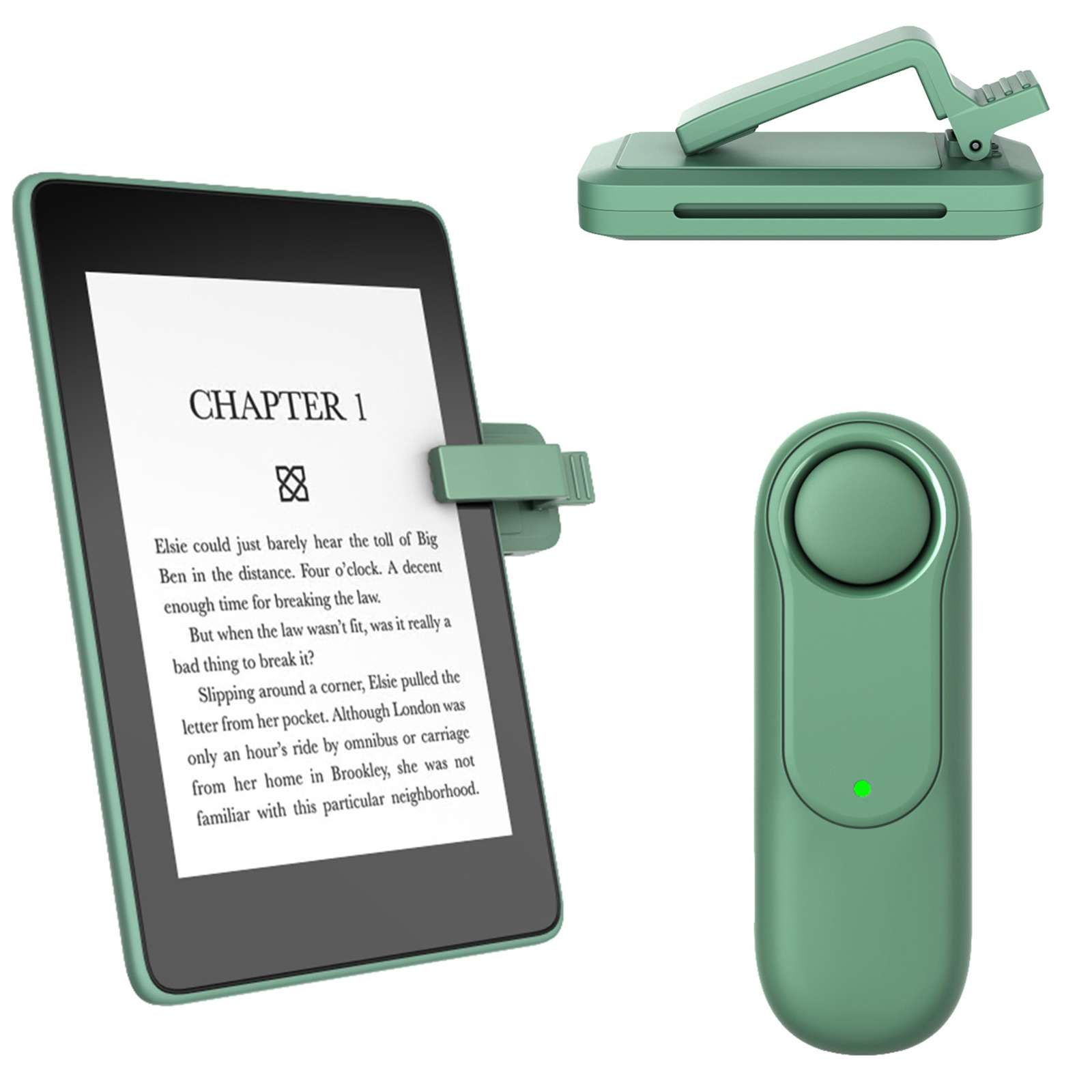 Ein E-Reader mit grünem Cover zeigt Text an. Er wird von einem grünen Ständer und einer Fernbedienung begleitet.