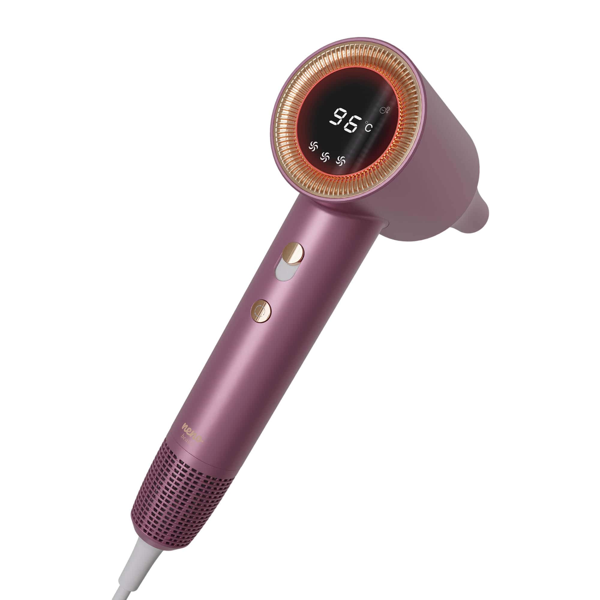 Ein pinkfarbener Haartrockner mit digitaler Anzeige, die 96 Grad anzeigt. Er hat eine goldene Verkleidung und Knöpfe, mit einem weißen Kabel.