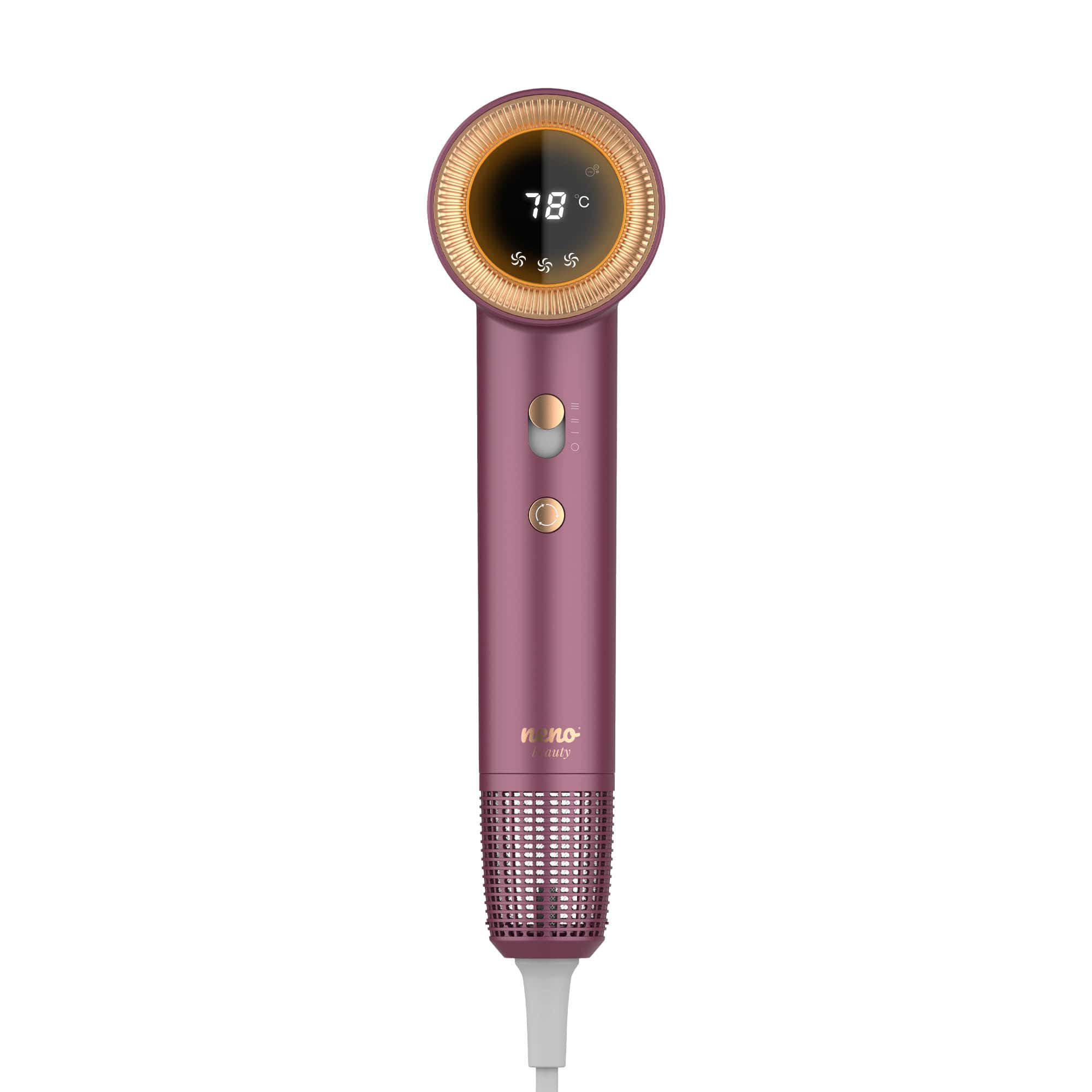 Ein lila Haartrockner mit digitaler Anzeige von 78°C. Er hat goldfarbene Akzente, mehrere Knöpfe und einen Netzfilter.