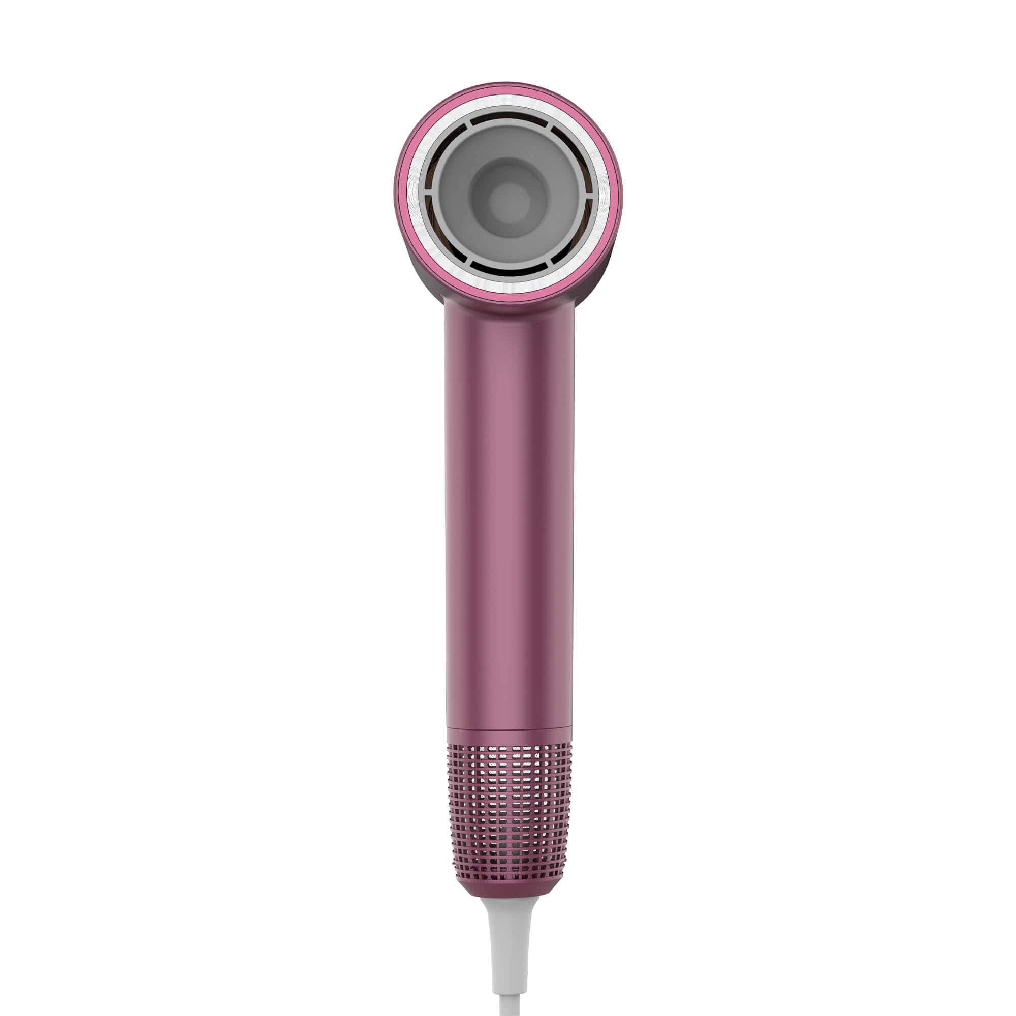 Ein pinkfarbener Haartrockner mit rundem Kopf, zylindrischem Körper und gitterartigem Boden. Ein weißes Kabel erstreckt sich vom Boden.