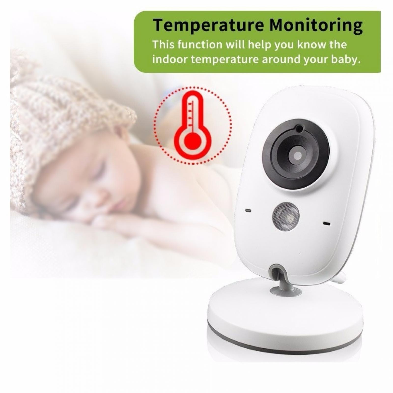 Ein Babyphone mit einem schlafenden Baby im Hintergrund. Es zeigt die Temperaturüberwachungsfunktion.