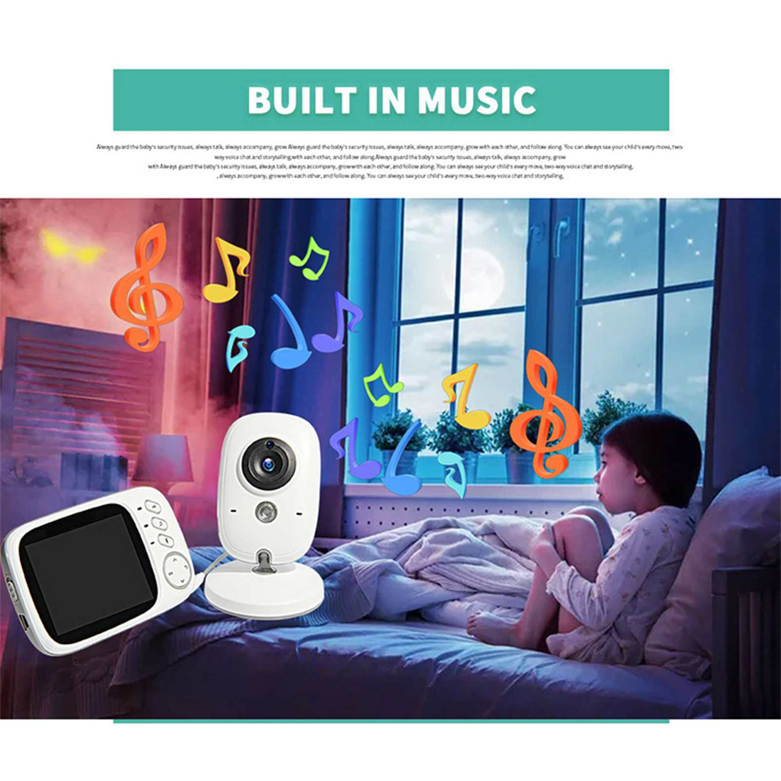 Ein Kind sitzt auf einem Bett, ein Babyphone ist in der Nähe. Bunte Noten schweben in der Luft. Das Zimmer hat ein Fenster.